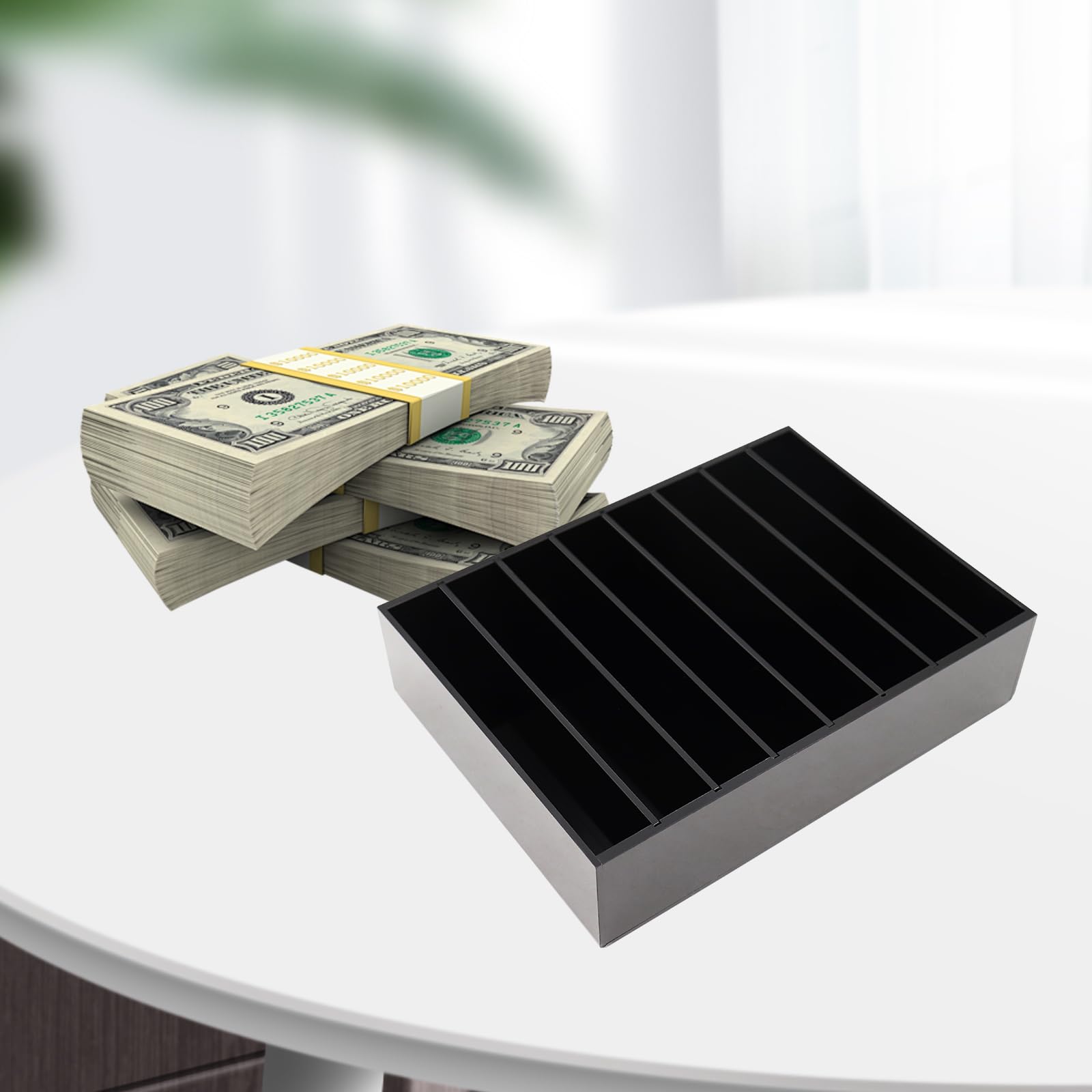 8-Compartment Black Acrylic Money Organizer - Cash Tray & Bill Holder for Retail, Salon, and Small Business | Secure Money Box for Dollar Bills & Coins