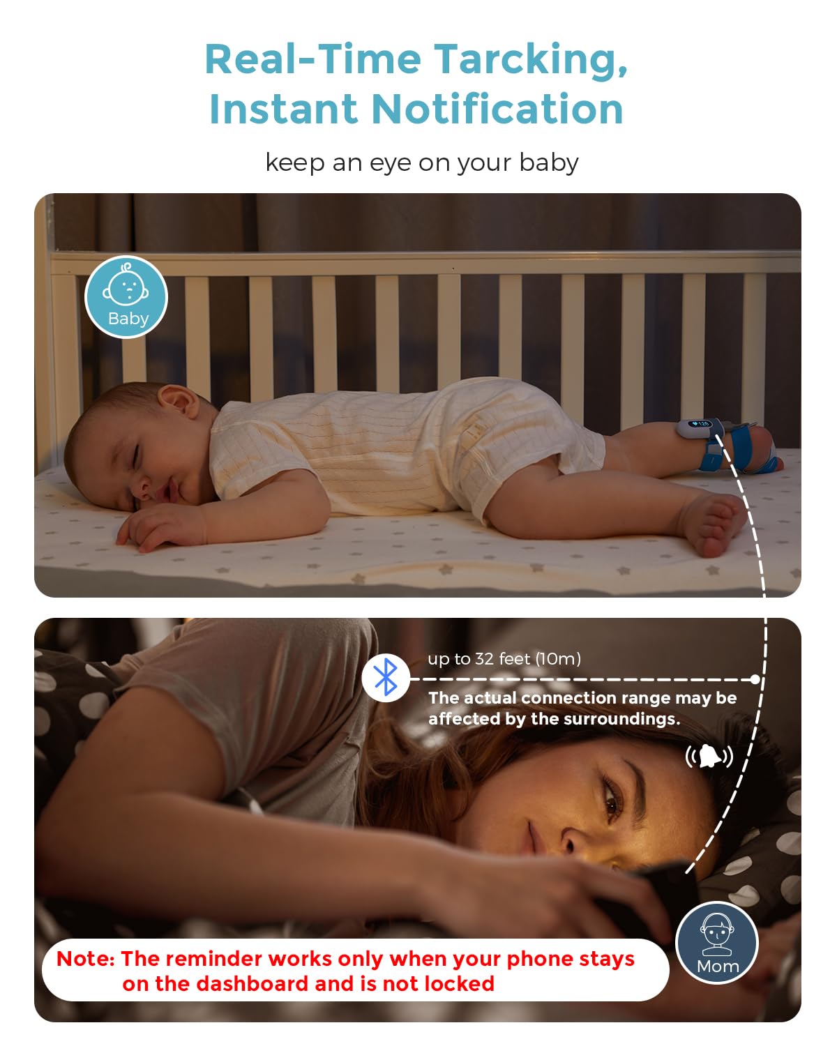Babytone Baby Oxygen Monitor & Sleep Tracker - Wearable Foot Monitor with Bluetooth App for Newborns 0-36 Months - Tracks O2 Levels, Pulse Rate & Movement - Ideal for Nighttime Monitoring & Peace of Mind (New Sock Version)