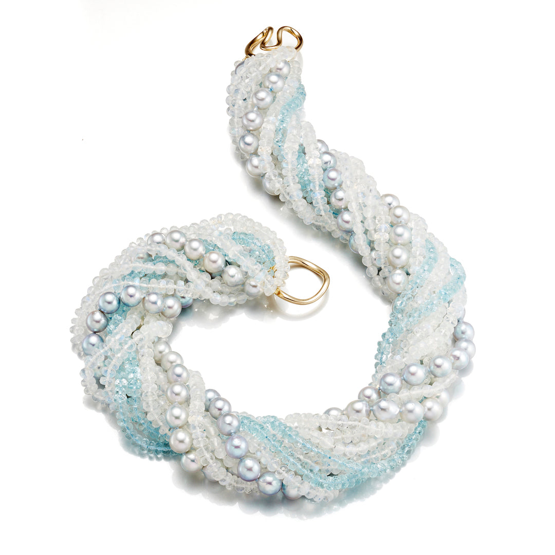 Blue Akoya Pearl, Moonstone & Aquamarine Twist Necklace - Elegant Handmade Jewelry for Women | Perfect for Weddings, Parties & Special Occasions