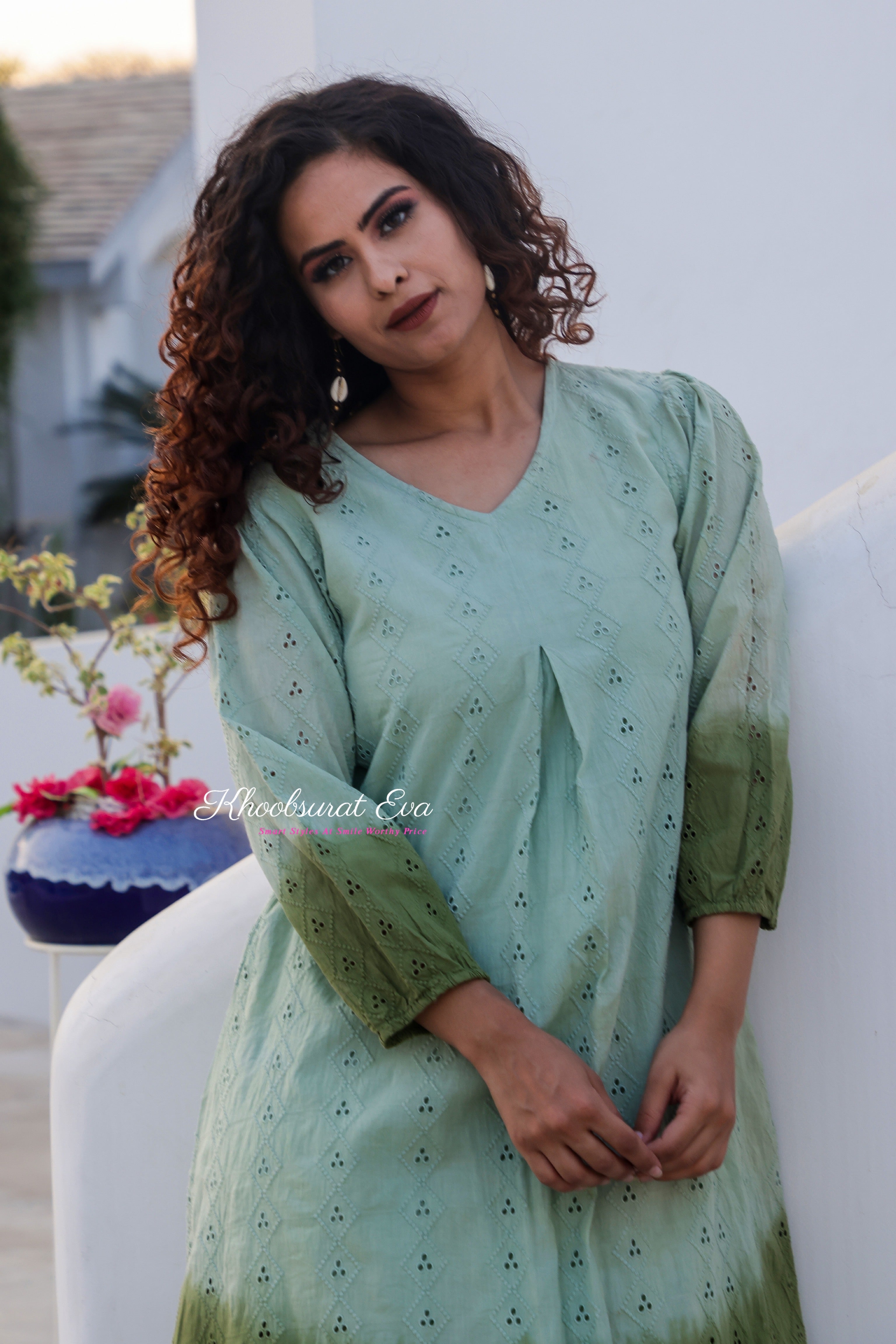 Pista Green Embroidery Ombre Dress for Women - Elegant Floral Summer Maxi Dress for Beach, Wedding & Special Occasions