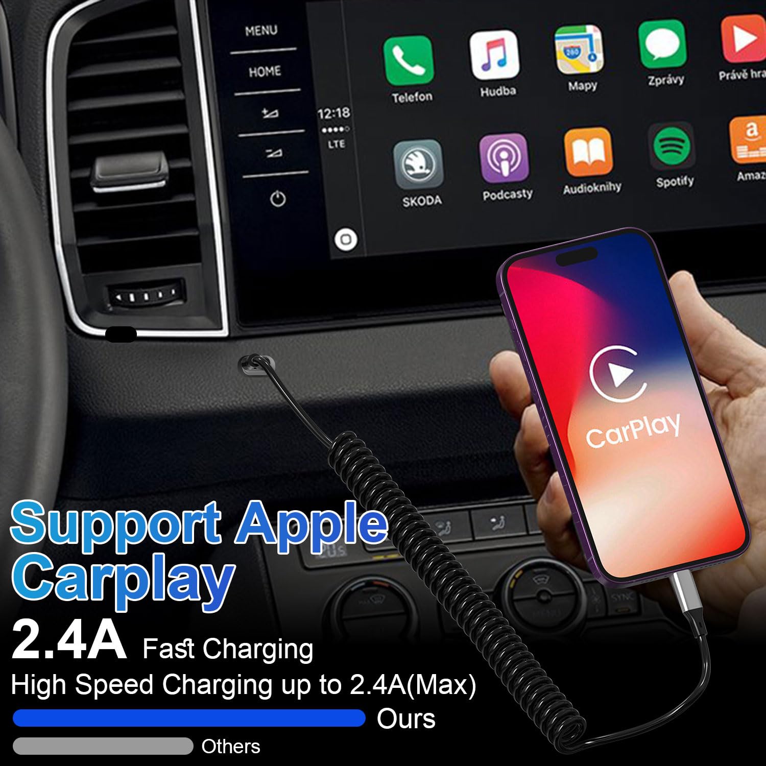 2 Pack MFi Certified Coiled Lightning Cable for iPhone - Apple CarPlay Compatible, Short USB to Lightning Charging & Data Sync Cord - Perfect for Car, Office, and Travel Charging