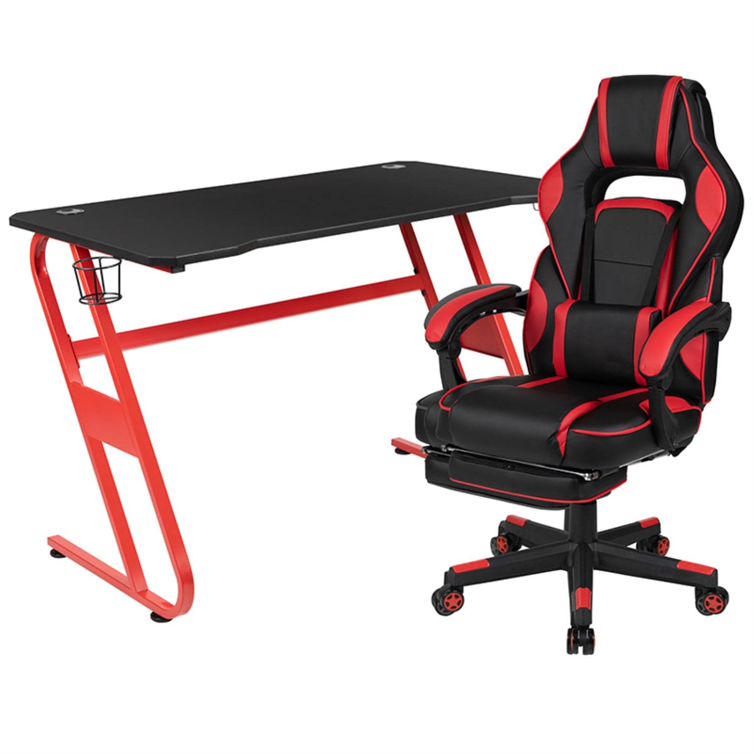 Flash Furniture Red Gaming Desk with Cup Holder & Headphone Hook - Red Reclining Gaming Chair with Footrest - Perfect for PC Gaming Setup, Esports & Home Office