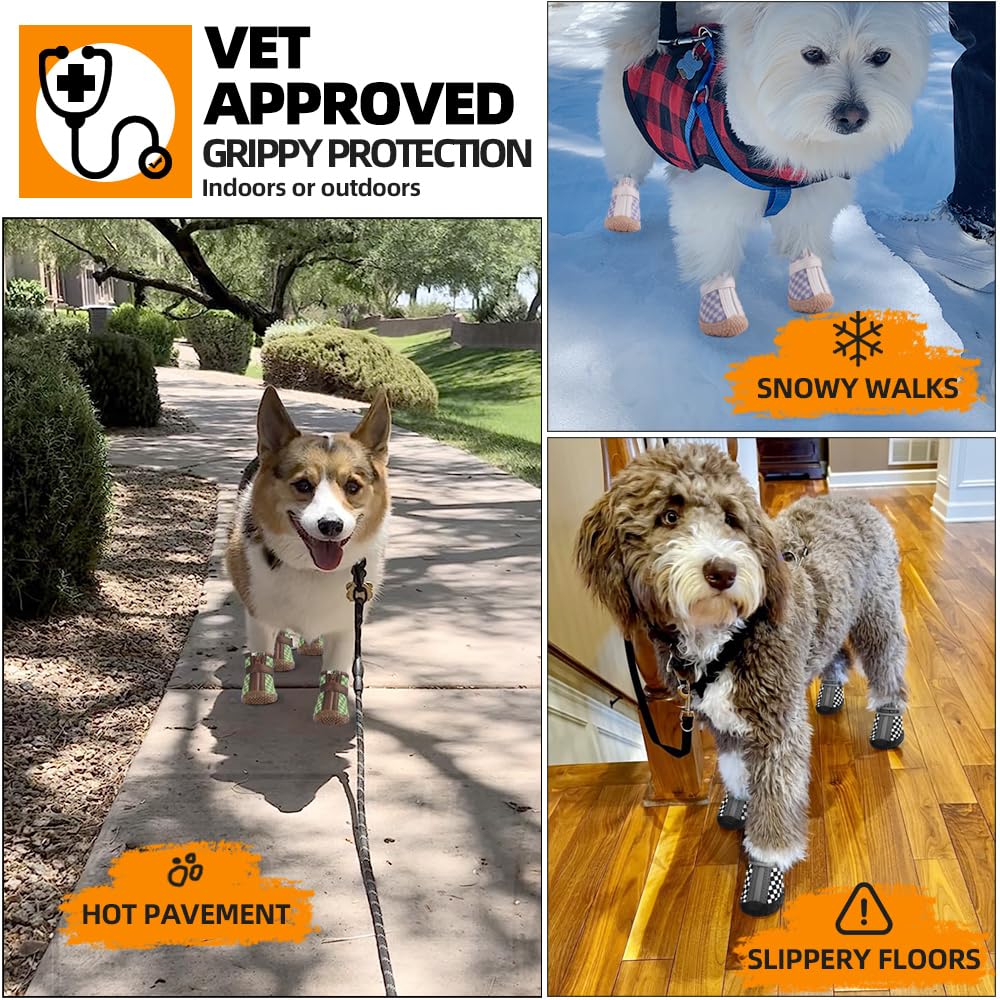 Waterproof Anti-Slip Dog Boots for Small & Medium Dogs - Paw Protectors for Hot Pavement & Hardwood Floors - Orange & Blue Pet Shoes (4PCS Size 3) - Perfect for Walking, Hiking & Indoor Protection