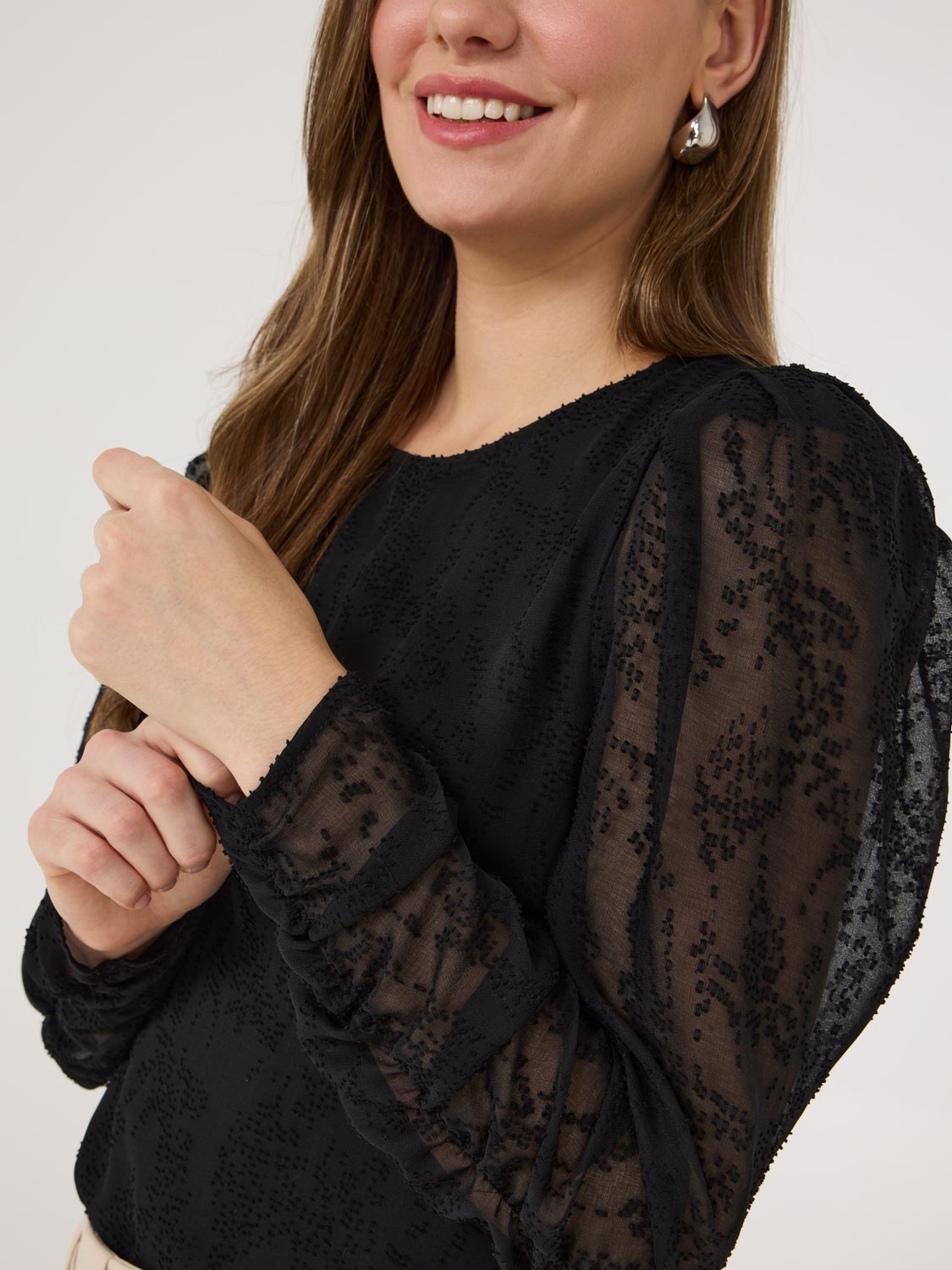 Textured Puff Sleeve Popover Blouse for Women - Elegant Ruffled Top for Work, Date Night & Special Occasions