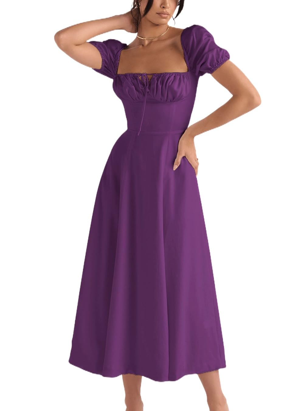 Boho Puff Sleeve Backless Maxi Dress for Women - Vintage Square Neck Lace Up Corset Long Sundress | Y2K Cottagecore Style Summer Beach Wedding Party Dress
