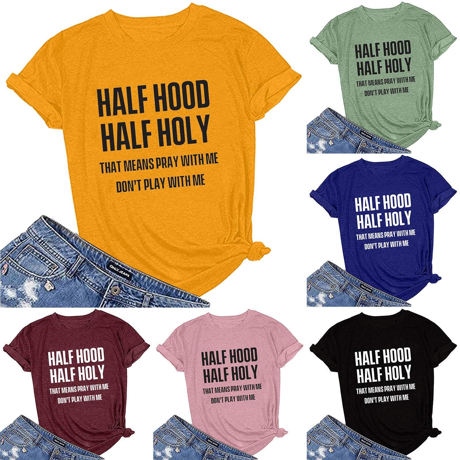 COOKI Women's Half Hood Half Holy Graphic Letter Short Sleeve T-Shirt - Casual Tunic Top for Everyday Wear, Street Style & Summer Outfits