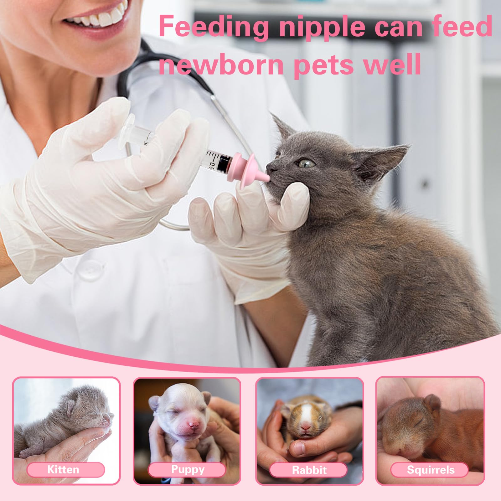 6PCS Kitten Bottle Nipples & 2 Feeding Syringes - Reusable Newborn Pet Feeding Kit for Kittens, Puppies, Rabbits & Squirrels | Perfect for Orphaned Baby Animals & Hand-Feeding Pets at Home