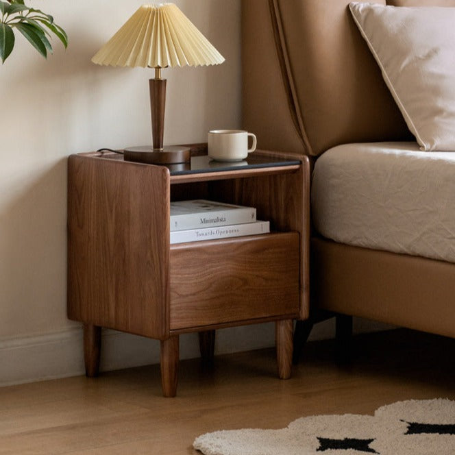 Premium Black Walnut Solid Wood Nightstand with Tempered Glass Top - Modern Bedside Table for Bedroom, Living Room, or Office Use
