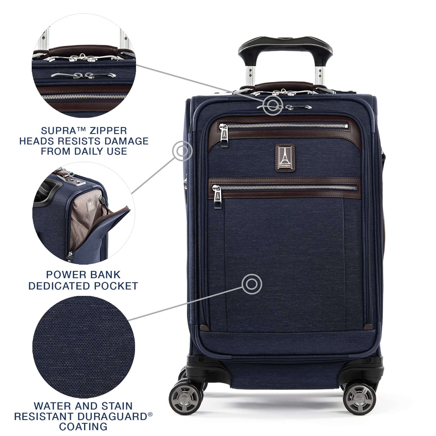 Travelpro Platinum Elite Expandable 21-Inch Carry-On Luggage with 8 Spinner Wheels, USB Charging Port & Suiter - Navy Blue Softside Suitcase for Men & Women | Perfect for Business Trips & Weekend Getaways