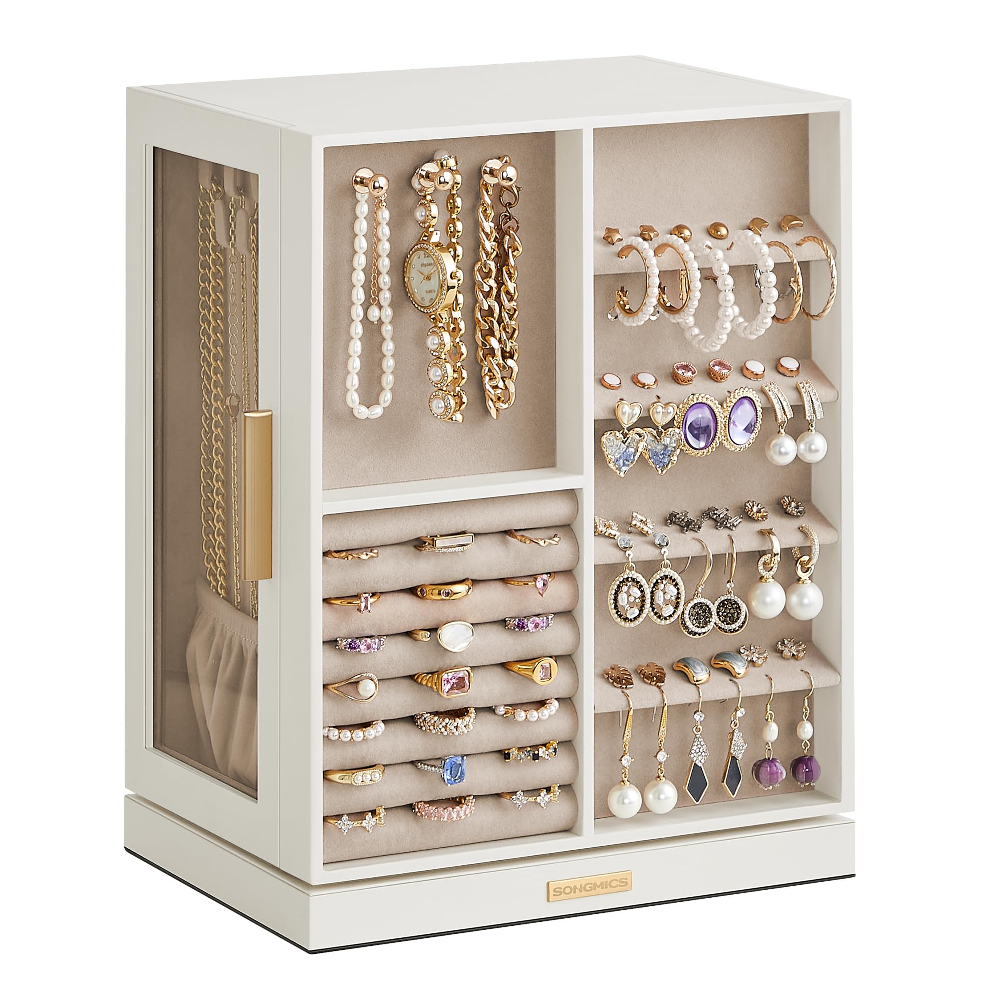 360° Rotating Jewelry Organizer Box with 5 Drawers & Glass Window - Spacious Vertical Jewelry Storage Case for Necklaces, Rings & Earrings - Perfect Gift for Women (Cloud White) | Bedroom Vanity, Closet & Travel Jewelry Organizer