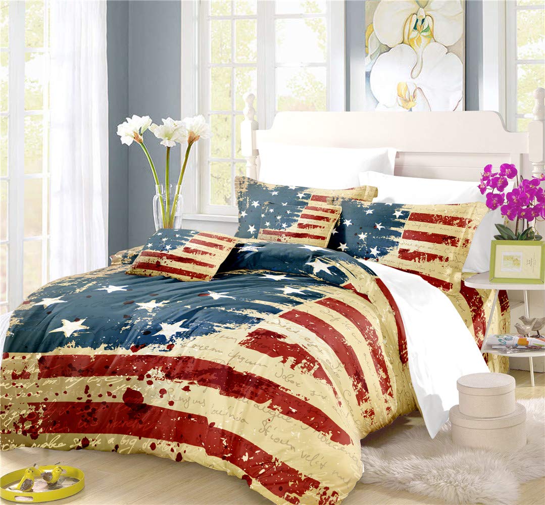 REALIN Vintage Stars and Stripes Duvet Cover Set - Red White Blue Patriotic Bedding Collection (2/3/4PCS) with Quilt Cover, Sheets & Pillow Shams for Twin/Full/Queen/King Size - Perfect for 4th of July, Memorial Day & American-Themed Bedroom Decor (King Size 229x259cm 3PCS Set)