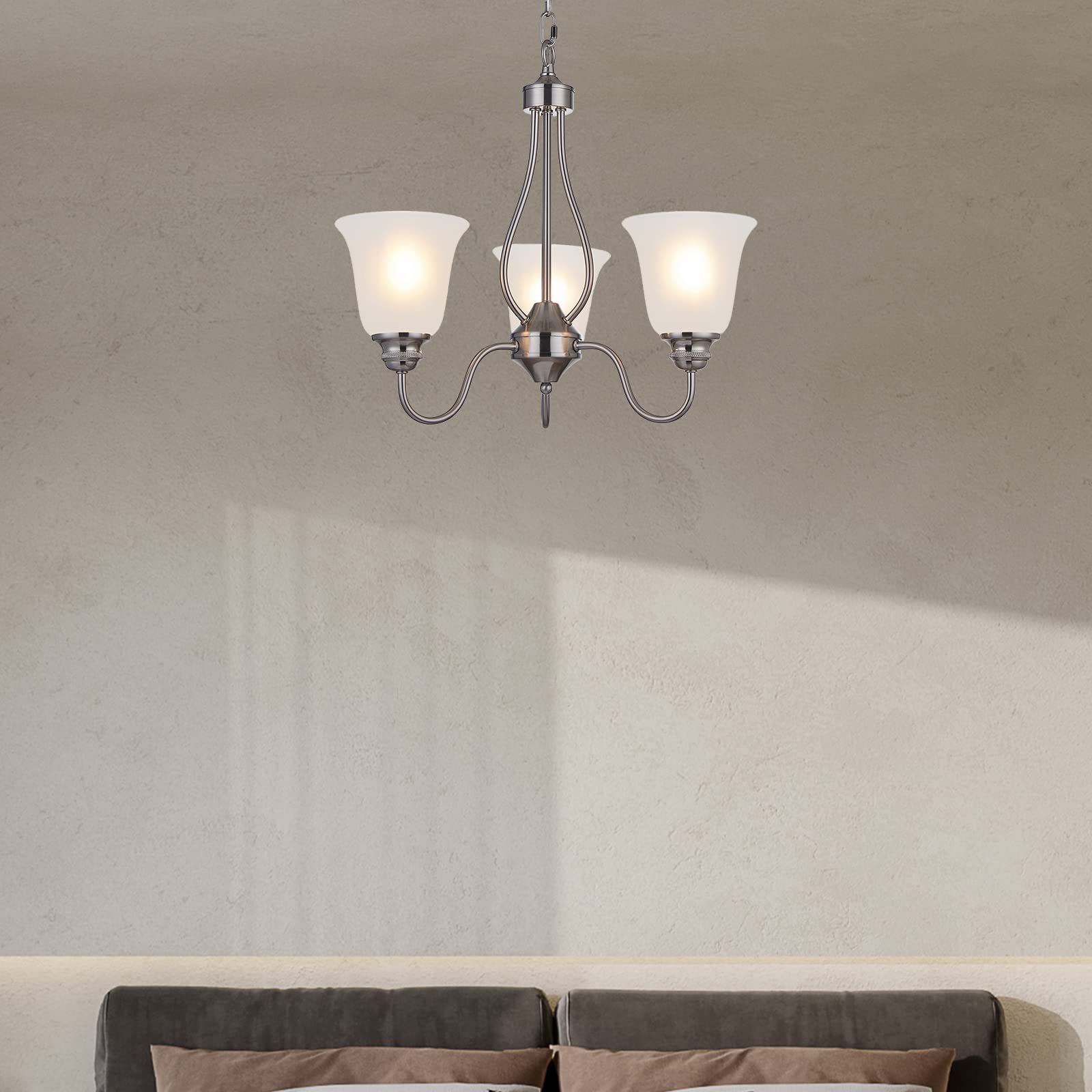 3-Light Brushed Nickel Chandelier - Classic Frosted Glass Ceiling Light Fixture for Dining Room, Living Room & Hallway | Energy Efficient LED Compatible (Bulbs Not Included) | Perfect for Home Decor, Office Meetings & Elegant Gatherings