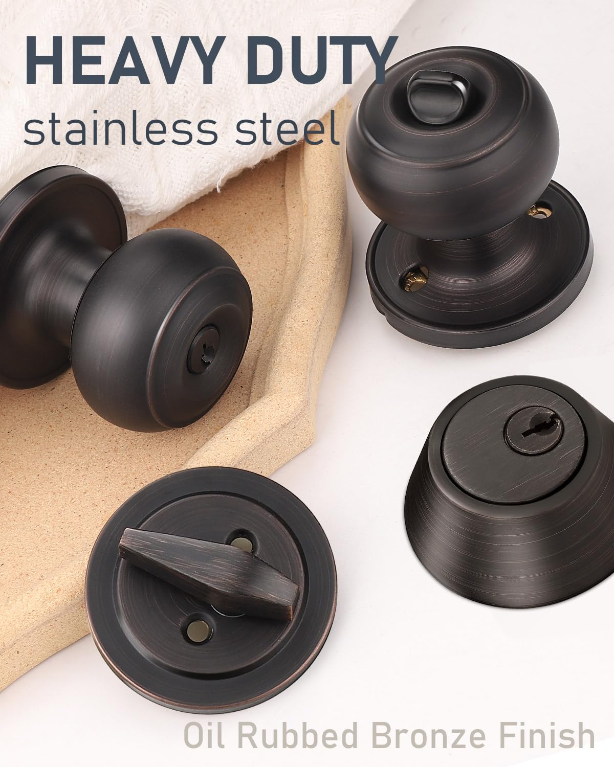 5 Pack Keyed Alike Front Door Knob and Deadbolt Set - Single Cylinder Deadbolt Entry Door Locksets in Oil Rubbed Bronze - Flat Round Door Lock for Bedroom, Office & Exterior Doors - Secure Your Home, Business or Rental Property