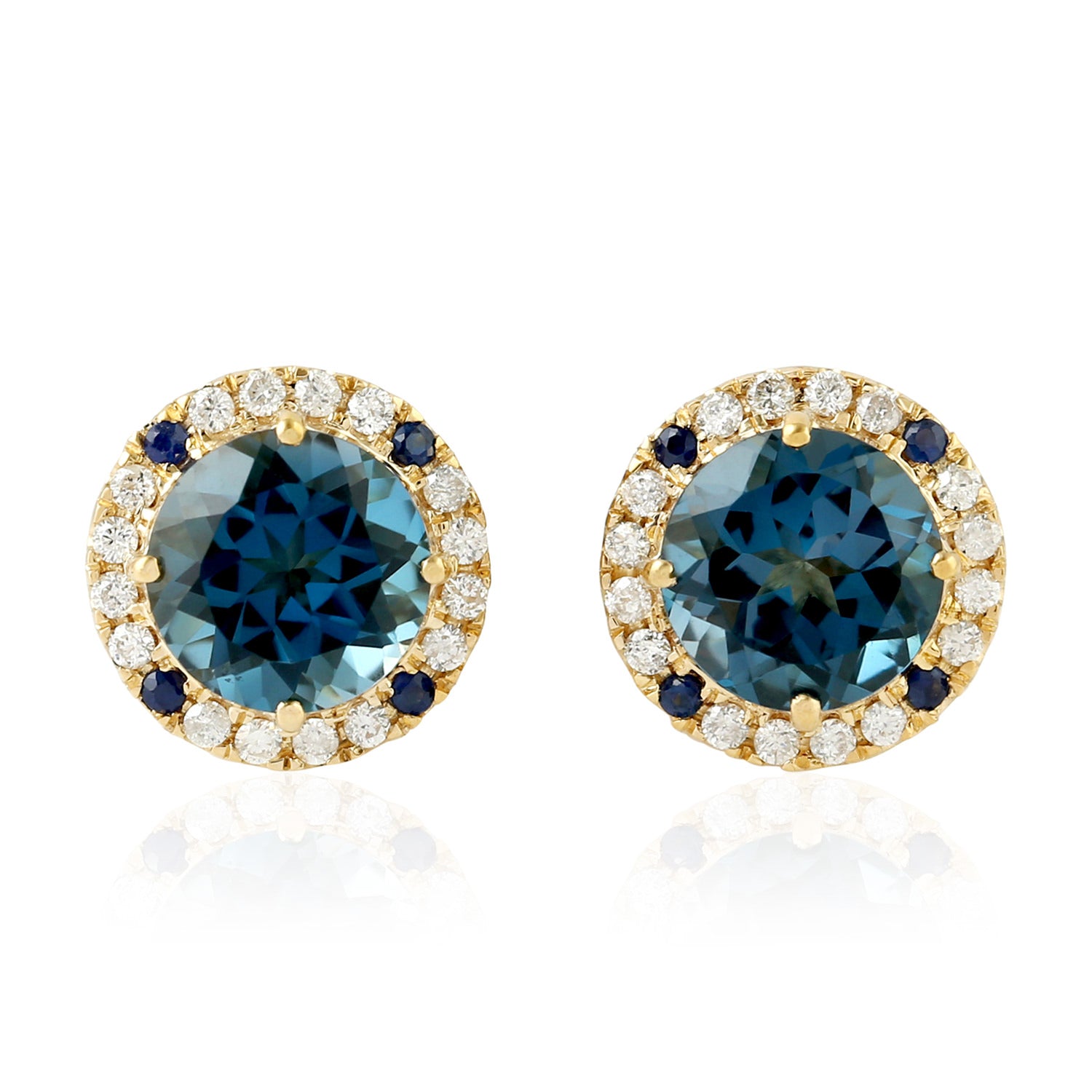 London Topaz & Blue Sapphire Diamond Stud Earrings in 14K Gold - Elegant Pave Setting for Women, Perfect for Weddings, Parties & Special Occasions