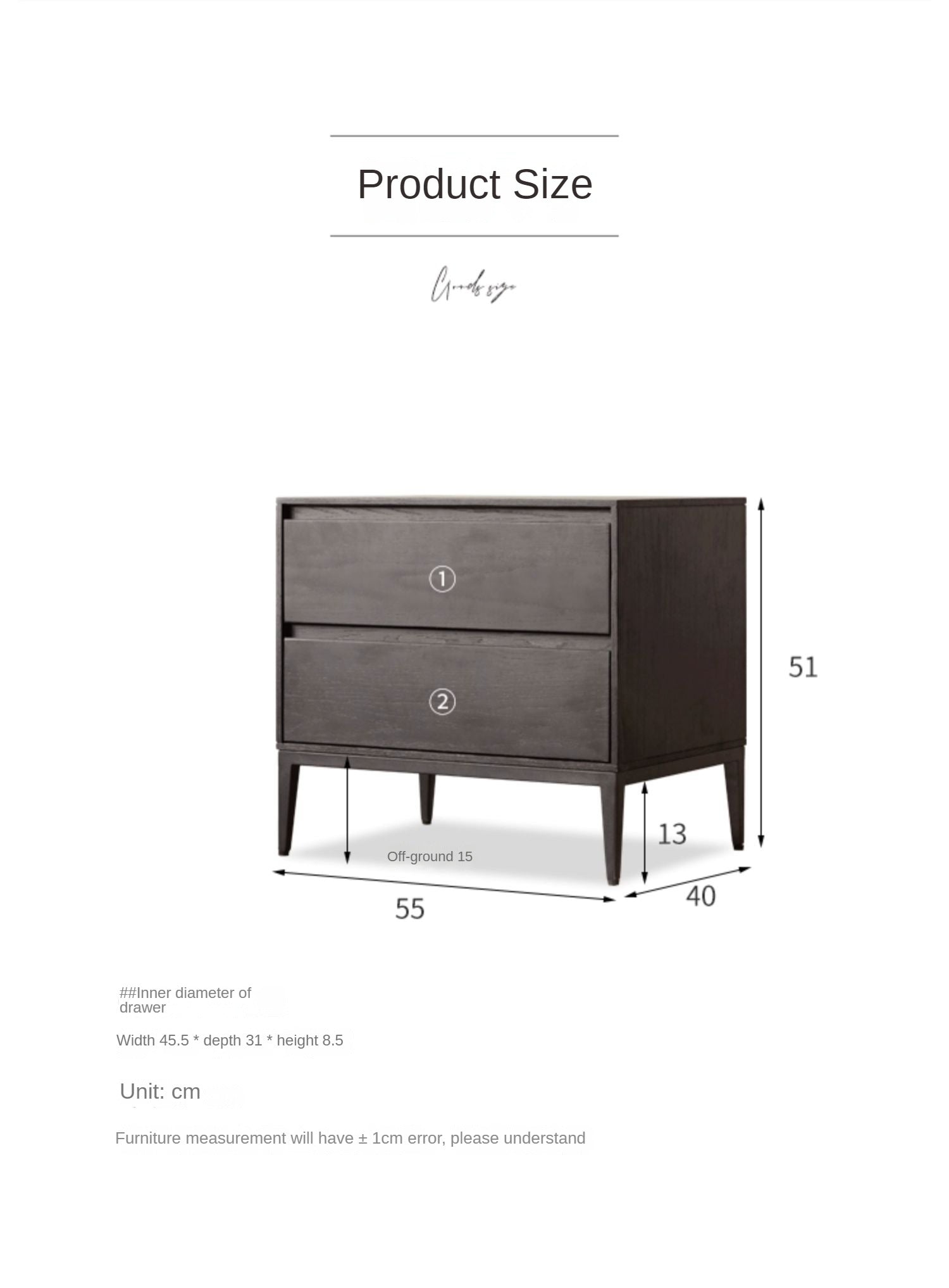 Solid Oak Wood Nightstand in Smoke Finish - Modern Bedside Table for Bedroom, Living Room, or Office
