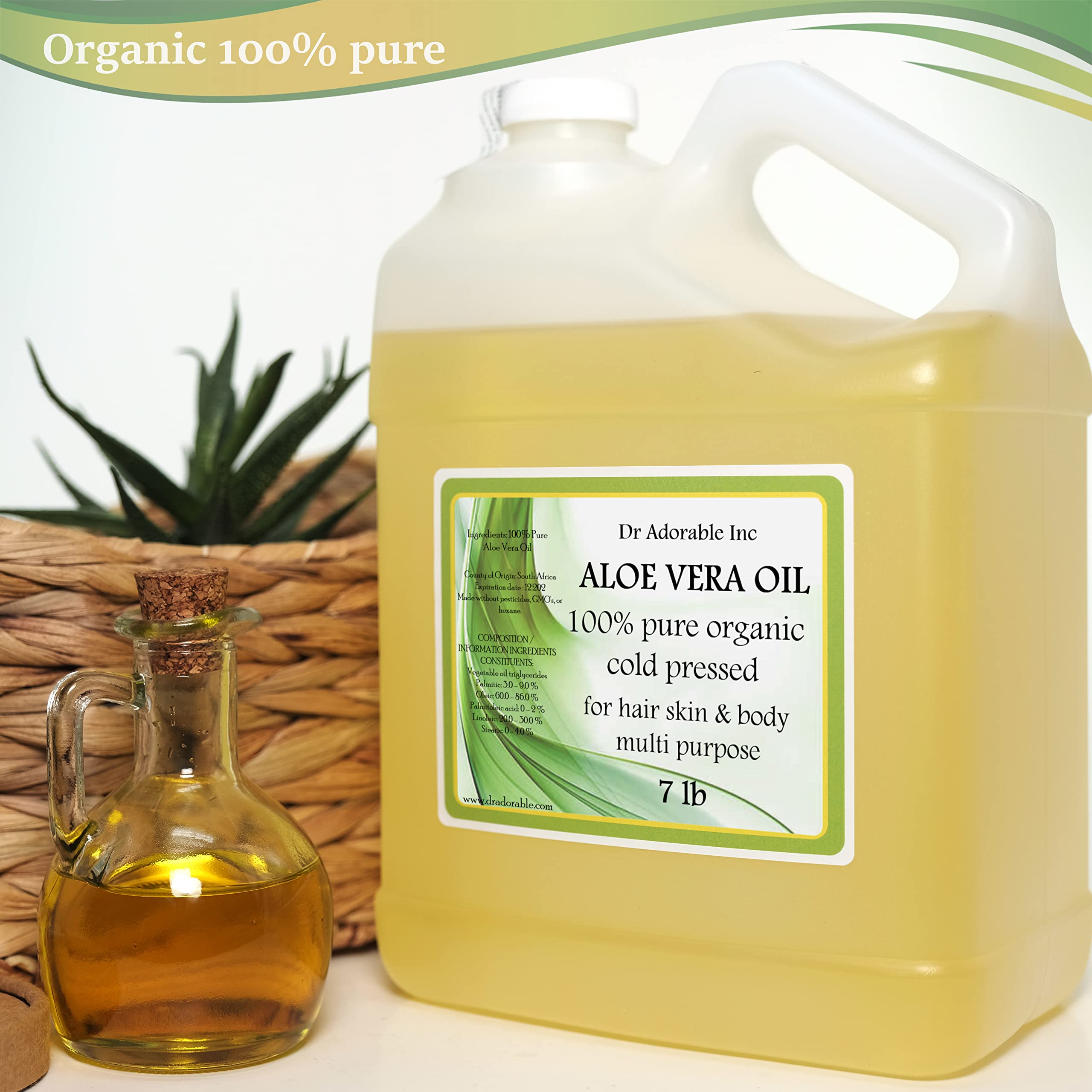 Dr Adorable 7 lb Aloe Vera Oil - 100% Pure Natural Organic Cold Pressed Unrefined - for Skin Care, Hair Growth & Aromatherapy