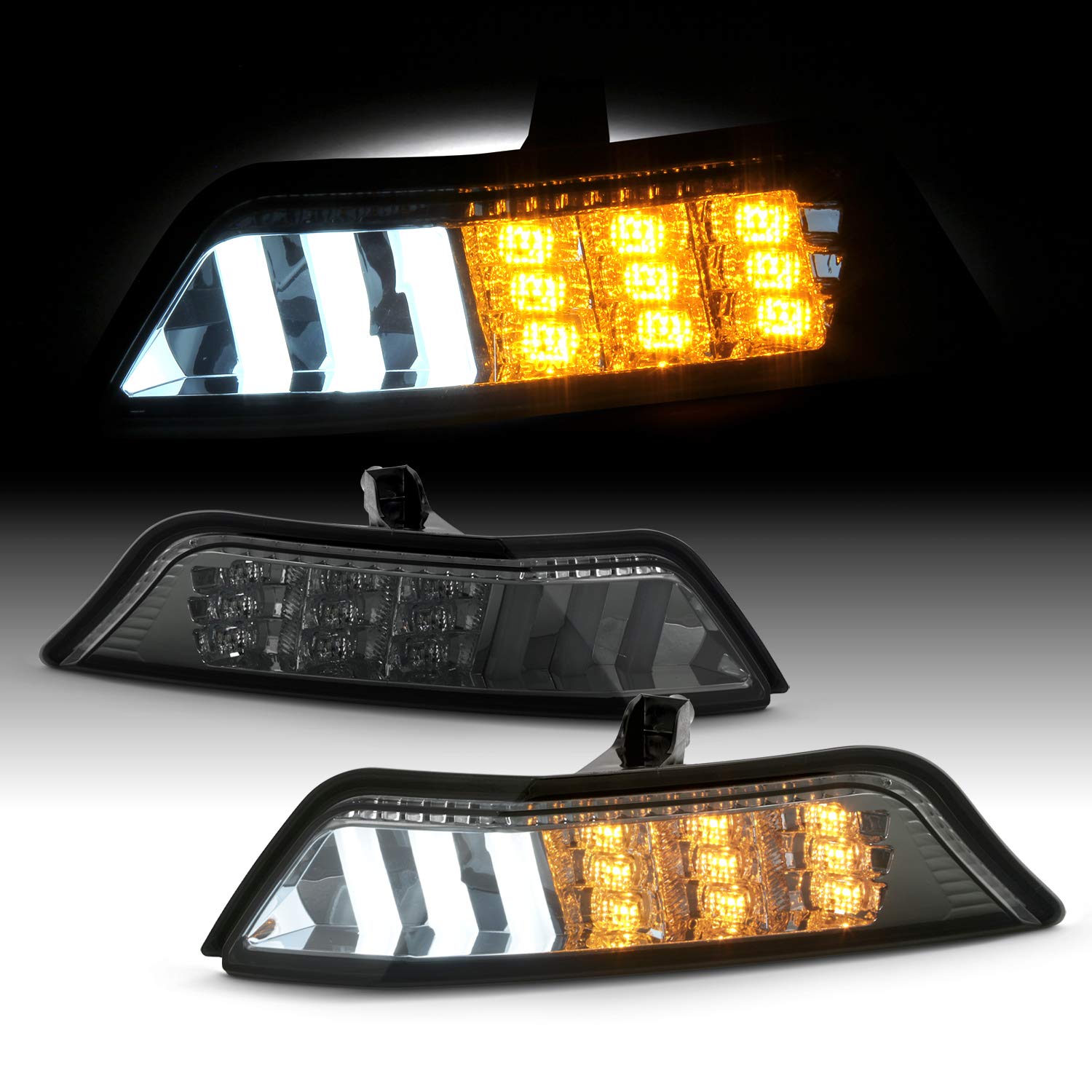 AKKON Smoked LED Front Bumper Lights for 2015-2017 Ford Mustang - Sequential Turn Signal & Parking Lamp Pair (Left+Right) | DRL Upgrade for Enhanced Visibility & Style