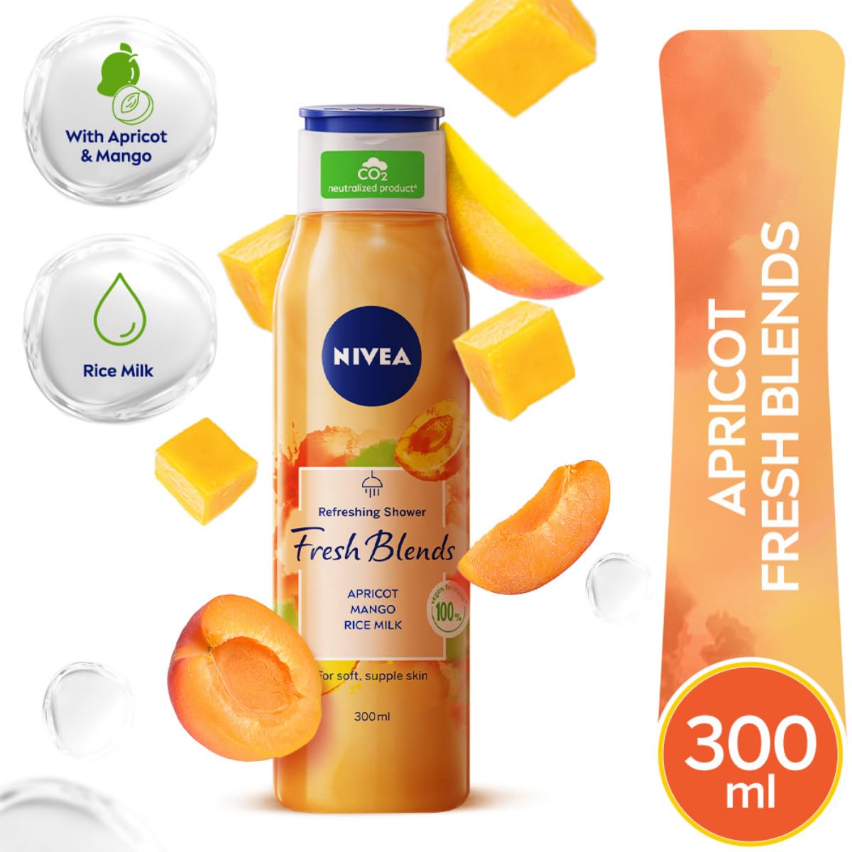 Nivea Fresh Blends Apricot & Mango Vegan Body Wash with Natural Fruit Extracts & Rice Milk - 300ml Fruity Shower Gel for Women - Perfect for Daily Hydration & Refreshing Morning Showers