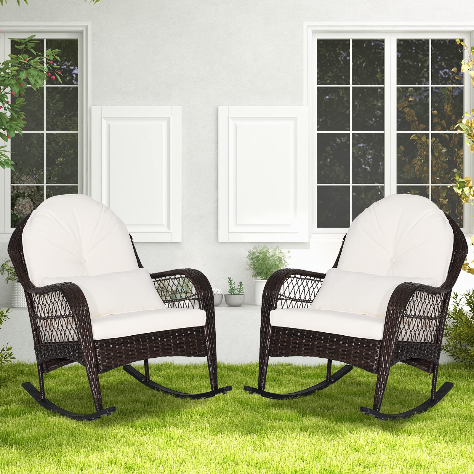 Tangkula Outdoor Wicker Rocking Chair with Cushions - Patio Rattan Rocker with Seat Back & Waist Pillow, Sturdy Metal Frame, Mix Brown Color - Perfect for Balcony, Porch, Backyard, Garden Relaxation (1, Off White)