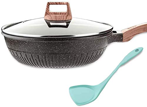 Maifan Stone Non-Stick Frying Pan with Lid - 30cm/32cm Wok Pan for Healthy Cooking | Oil-Free, Smoke-Free Saute Pan for Home Kitchen, Stir Fry, Deep Frying & Everyday Cooking