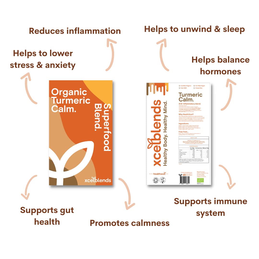 Healthxcel Organic Turmeric Powder with Black Pepper, Ginger, Flaxseed, Ashwagandha & Maca Root - 150g Immune Support Supplement for Inflammation Relief & Stress Reduction | Ideal for Smoothies, Tea & Wellness Recipes