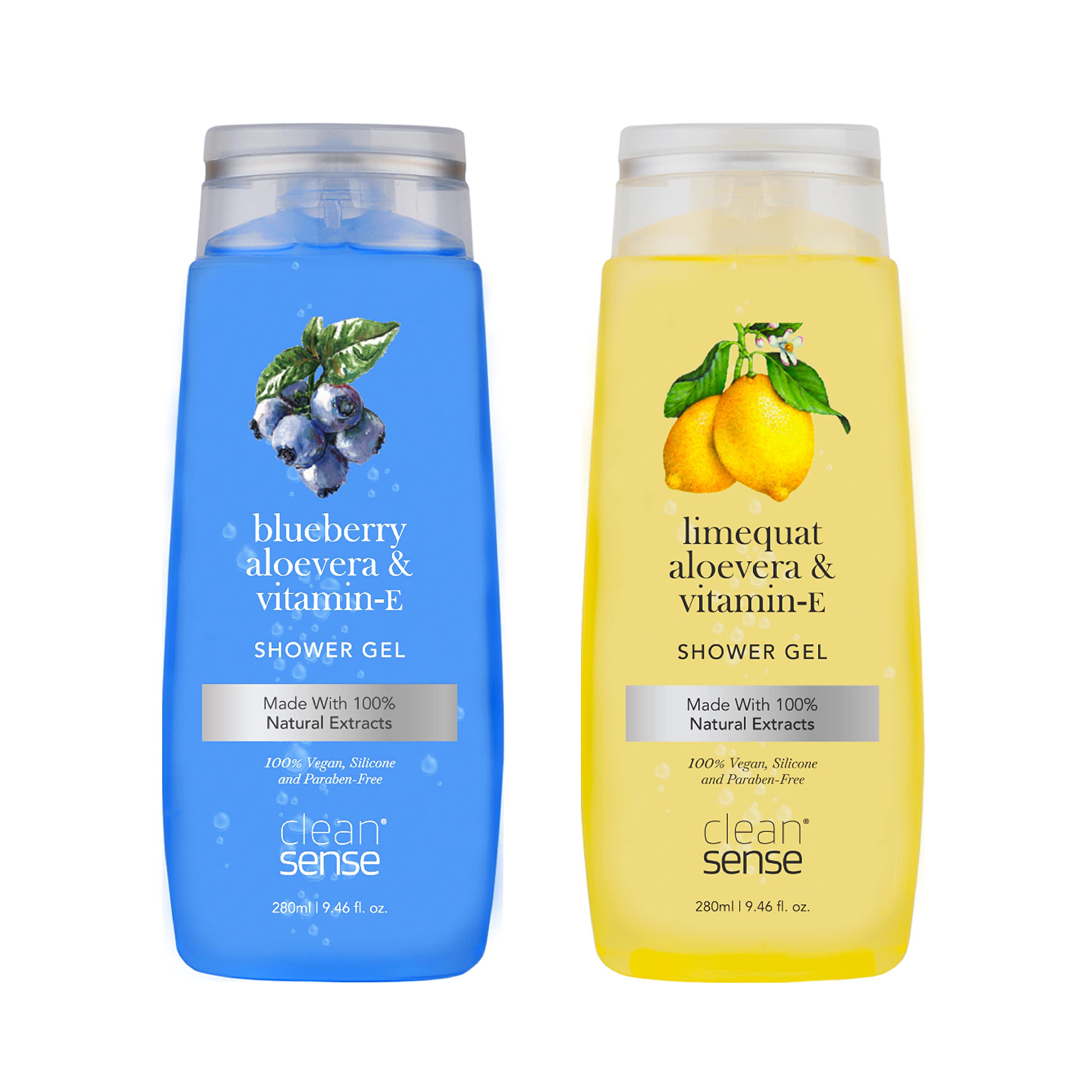 Cleansense Shower Gel Combo - 100% Vegan, Paraben Free with Aloe Vera & Vitamin E (Blueberry Limequat, 280ml x 2) | Hydrating Body Wash for Sensitive Skin, Perfect for Daily Shower & Spa Relaxation