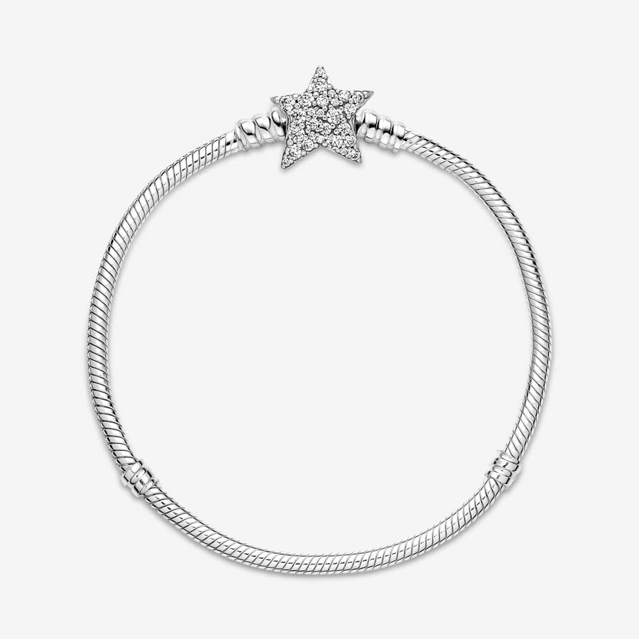 PANDORA Moments Asymmetric Star Clasp Snake Chain Bracelet for Women - Sterling Silver Charm Bracelet with Clear Cubic Zirconia - Elegant Gift for Her with Gift Box - Perfect for Birthday, Anniversary & Special Occasions