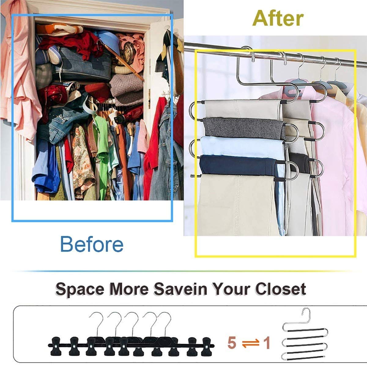 Devesanter 4-Pack S-Shape Stainless Steel Pants Hangers - Space Saving Non-Slip Closet Organizer for Trousers, Jeans & Scarves (Black) - Perfect for Closet Storage, Wardrobe Organization & Travel Packing