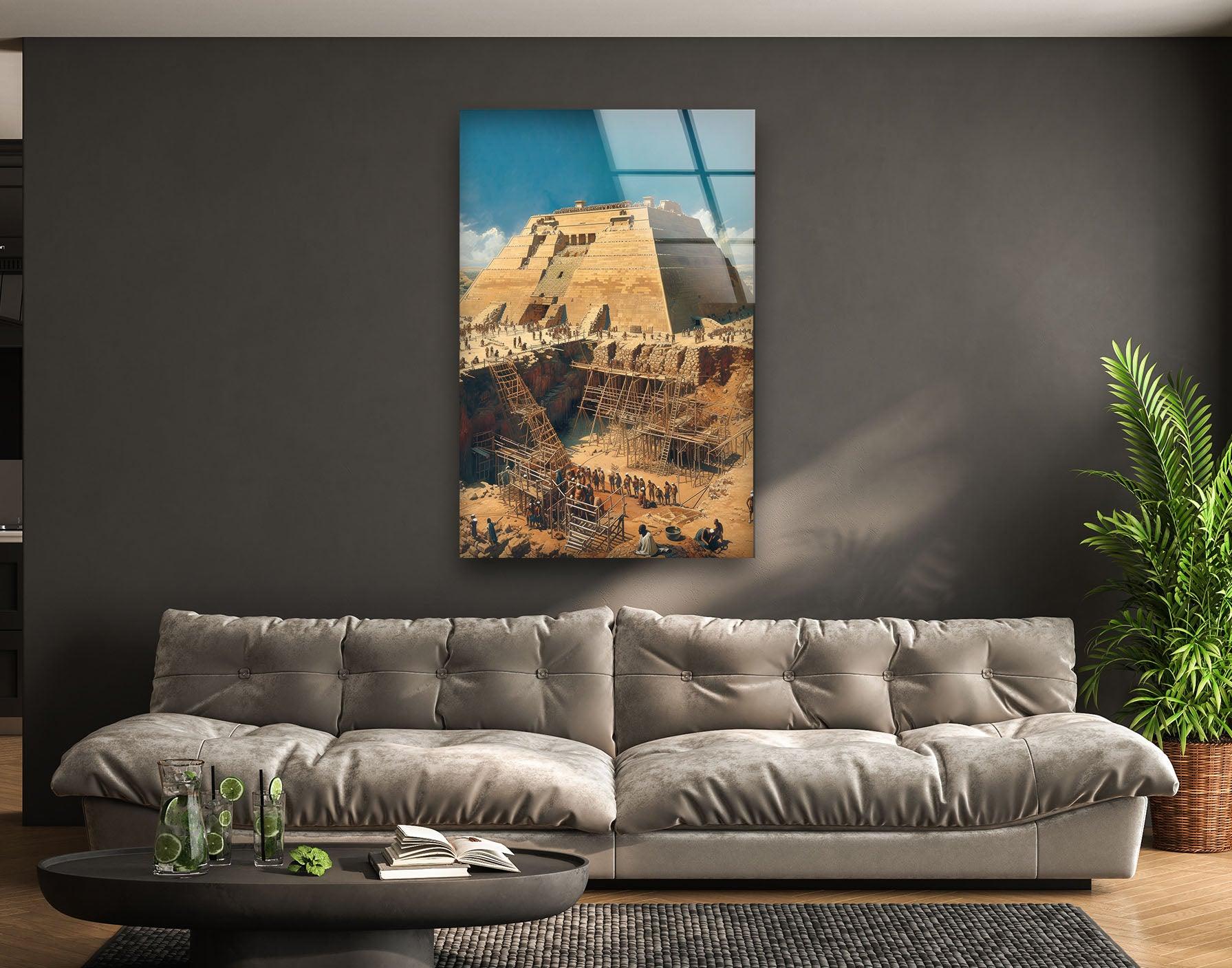 Ancient Pyramid Construction Glass Wall Art - Handmade Egyptian History Decor for Home & Office - Perfect for Living Room, Bedroom, or Office Wall Decor