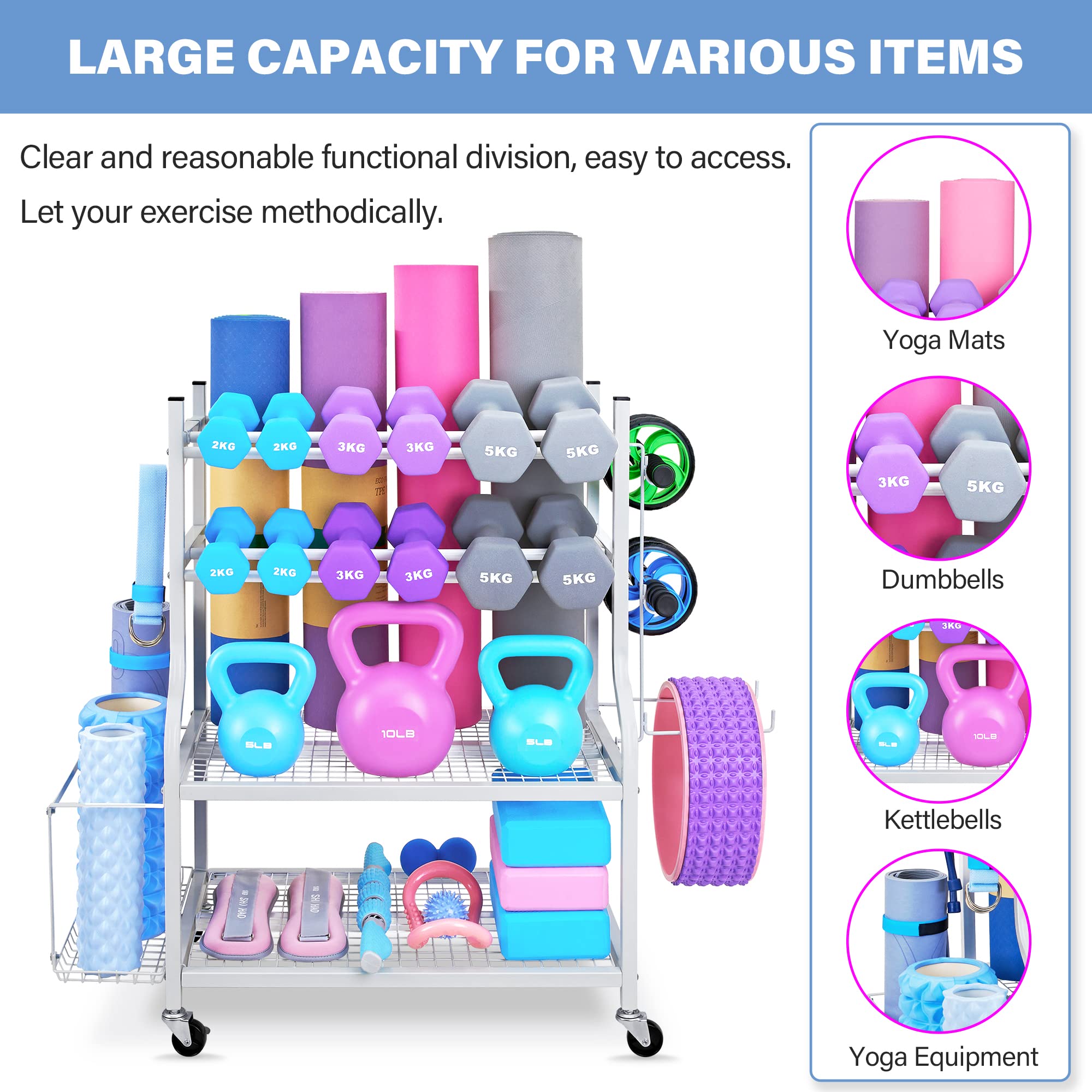 Heavy Duty Dumbbell Rack & Yoga Mat Storage Organizer - All-in-One Home Gym Equipment Stand for Dumbbells, Kettlebells & Yoga Mats with Locking Caster Wheels - Perfect for Garage Gym, Home Workout & Fitness Studio Organization