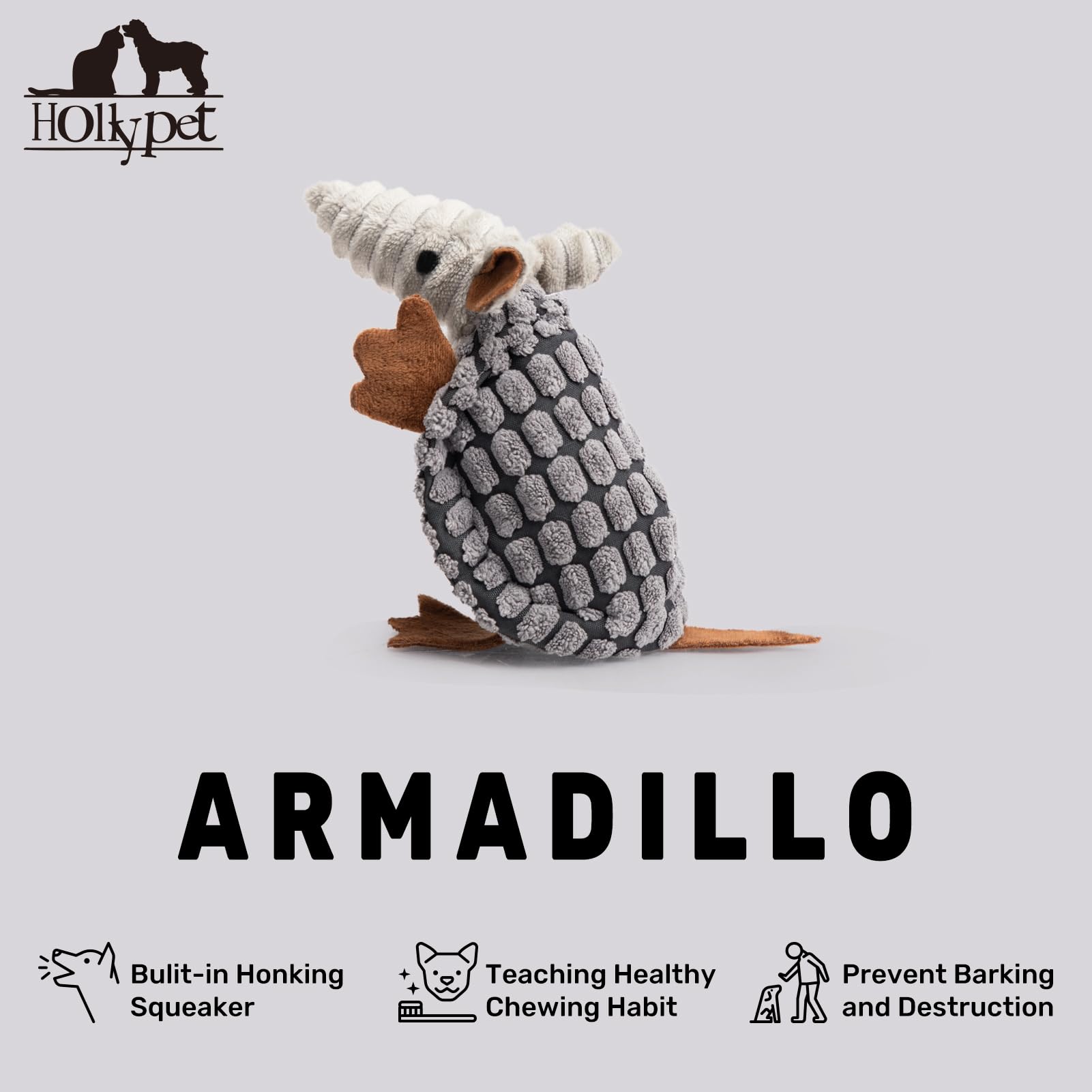 **Hollypet Plush Squeaky Dog Toy - Armadillo Stuffed Chew Toy for Small, Medium & Large Dogs | Teeth Cleaning & Interactive Play | Perfect for Indoor & Outdoor Fun, Dark Gray, 6 Inches**