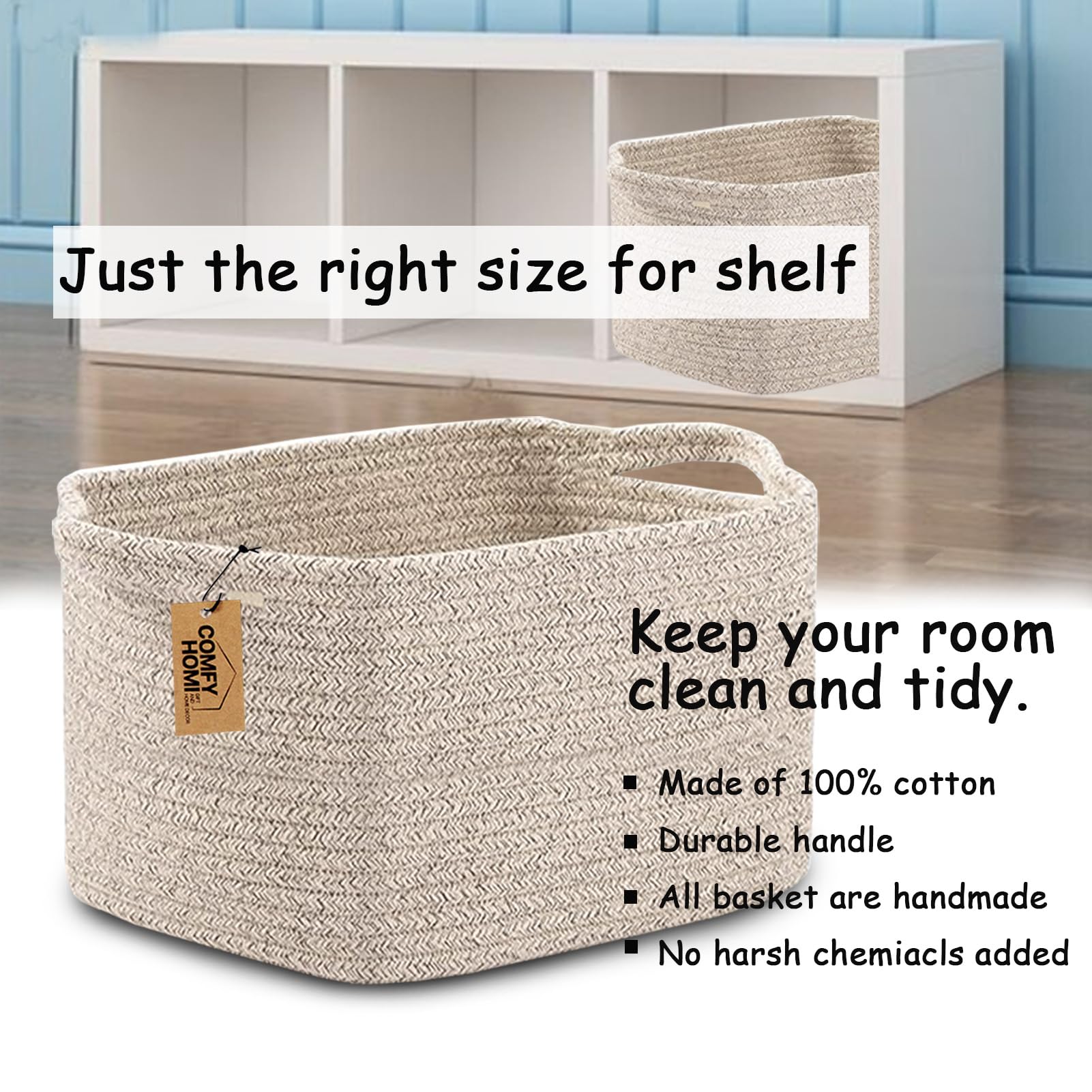 COMFY-HOMI Woven Storage Baskets - Cotton Rope Organizer Bin for Shelves, Toys, Towels & Home Organization - All Brown | Perfect for Nursery, Bathroom & Living Room Storage Solutions