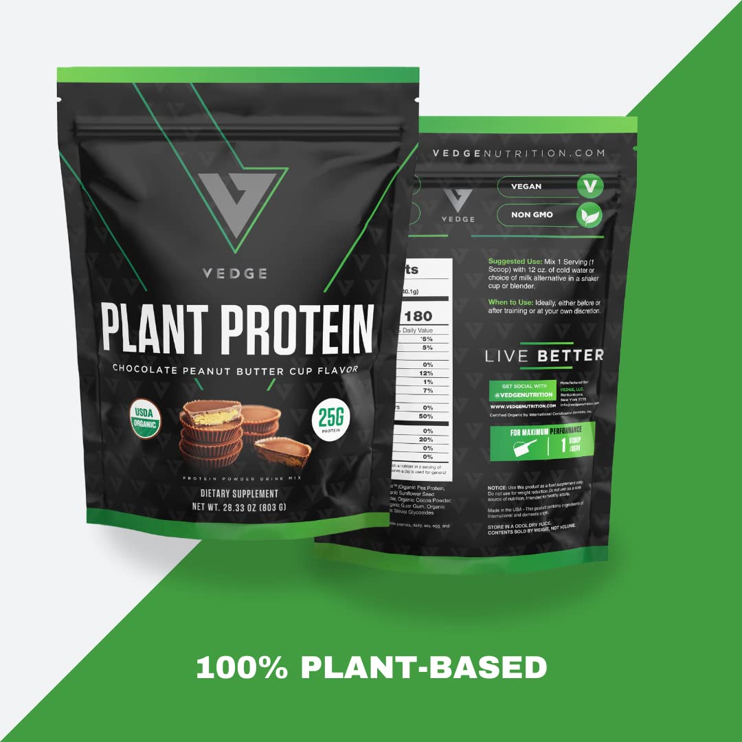 Vedge Certified Organic Plant Protein Powder - Chocolate Peanut Butter Cup (20 Servings) | Vegan, USDA Organic, Gluten Free, Dairy-Free Protein Supplement for Smoothies, Baking & Post-Workout Recovery