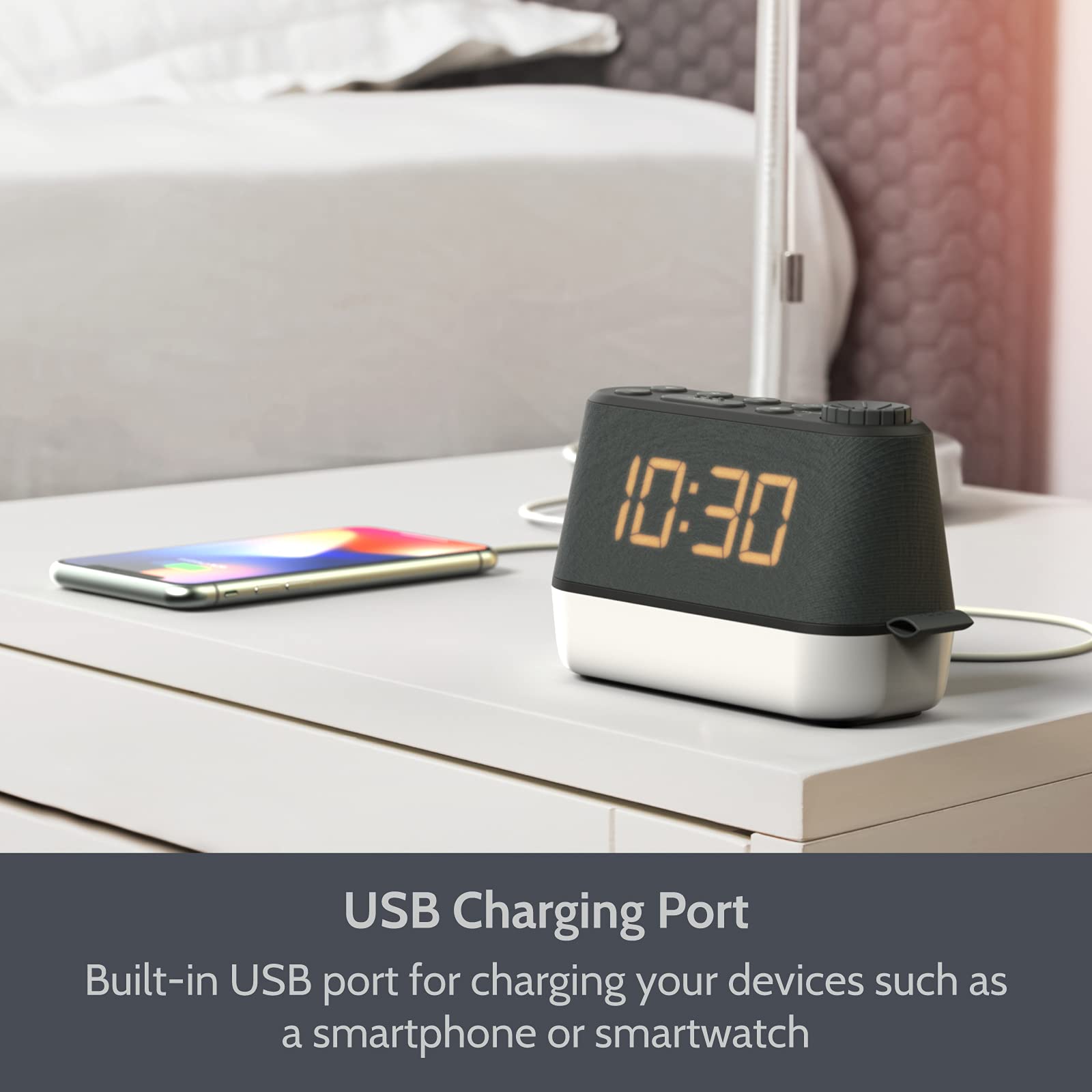 Digital Alarm Clock with FM Radio, Night Light & USB Charging Port - Dual Alarm, Dimmable LED Display, Relaxation Sounds for Better Sleep - Perfect Bedside Clock for Bedroom, Office or Travel (Battery Backup & Mains Powered)