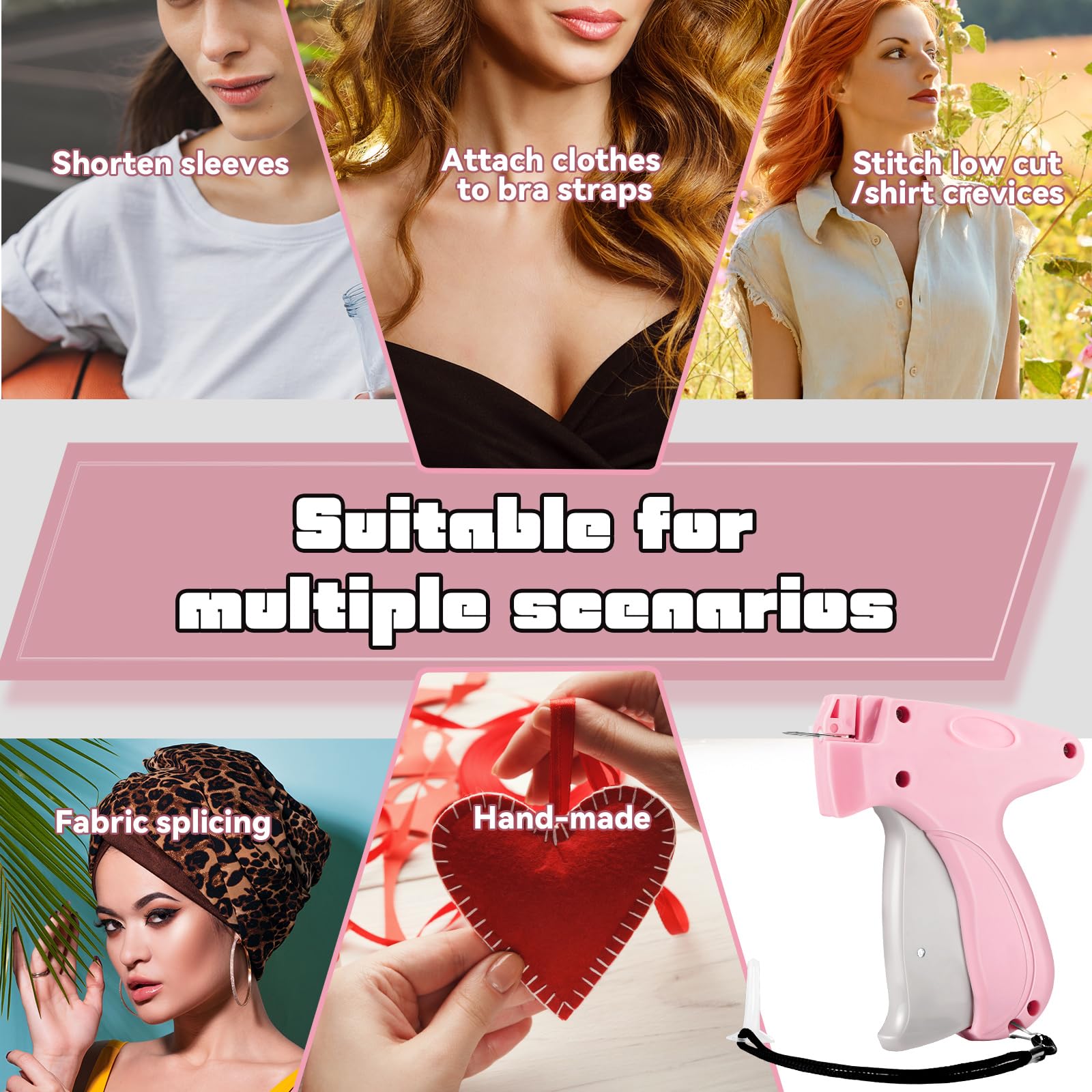 Lasnten 3007 Pcs Quick Clothing Fixer Kit with Fine Needle Stitch Gun - 5 Needles, 1500 Black & 1500 White Stitches - Sewing Hemming Gun for Home, Shops & Warehouse (Pink) - Perfect for Quick Repairs, DIY Projects & Emergency Clothing Fixes