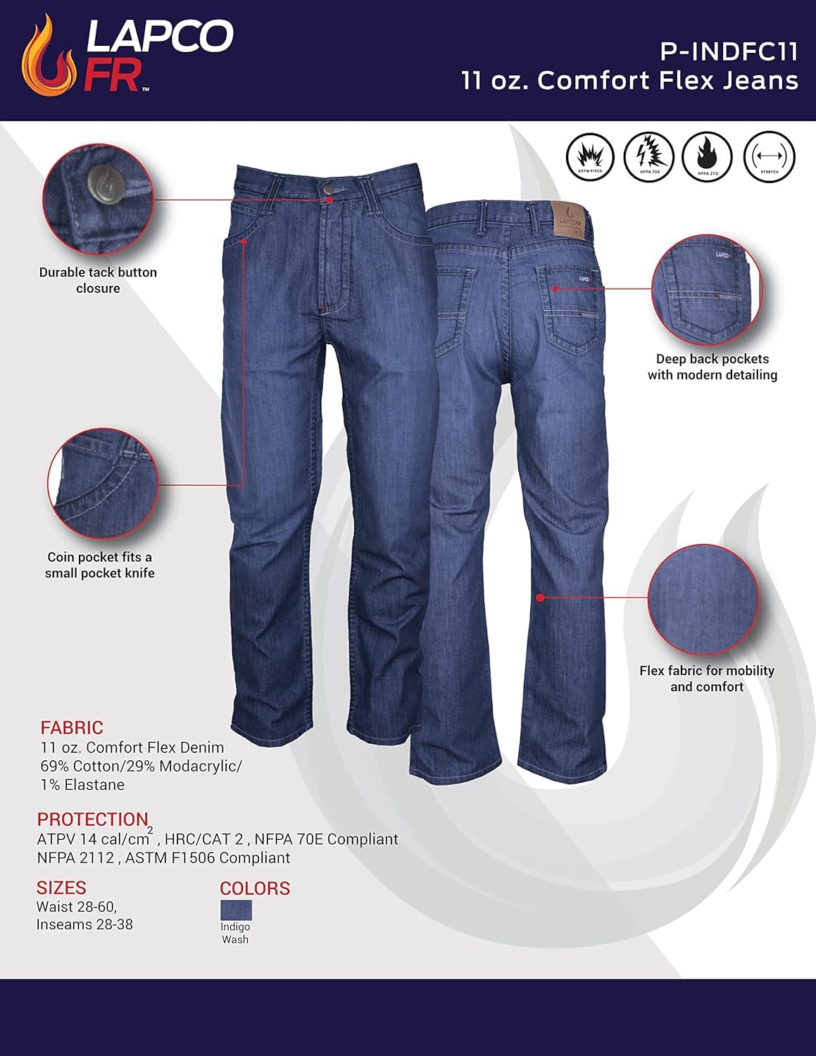 LAPCO FR Men’s Low Rise Flex Jeans - Flame Resistant Stretch Fit Work Pants, Medium Wash Denim for Construction & Industrial Safety