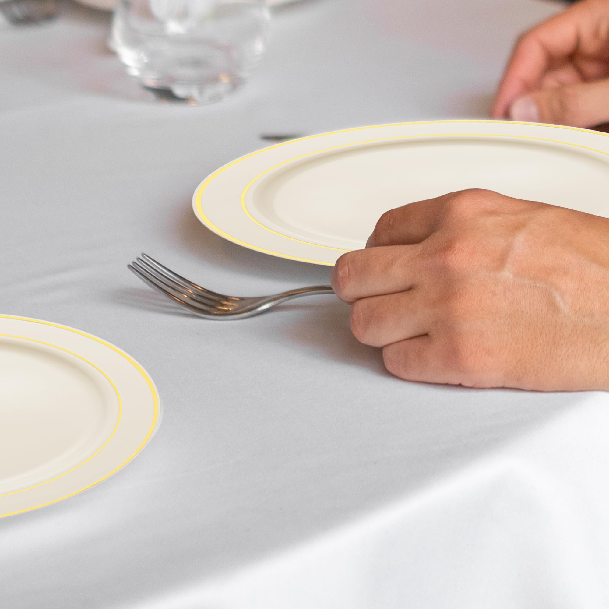 Premium 240-Pack Disposable Plastic Plates Set - 120 Heavy Duty White Gold-Rimmed Dinner Plates + 120 Elegant Dessert Plates for Wedding, Birthday Party, Catering & Special Events - Durable & Stylish Tableware for Any Occasion