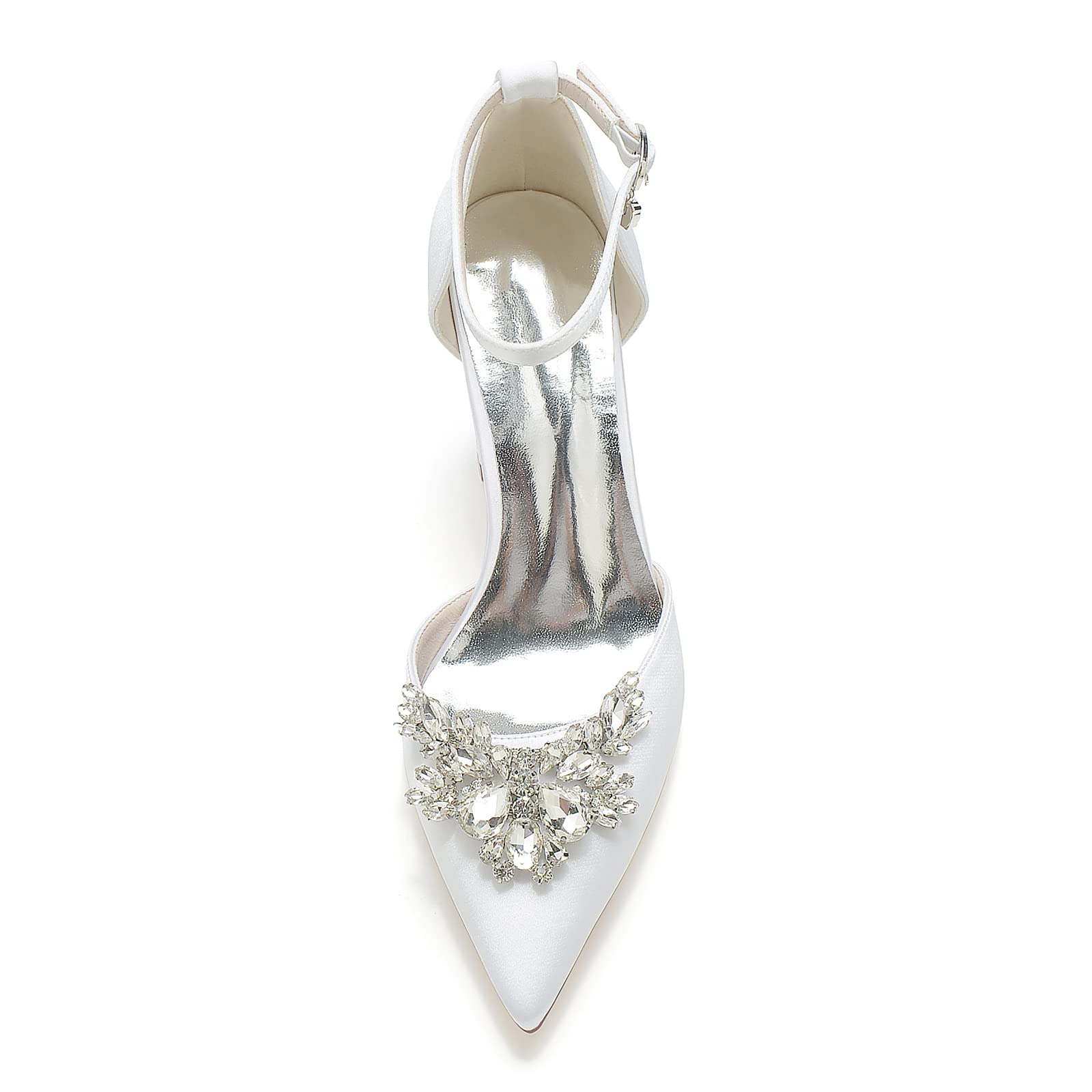 COMFASH 3.3 Inch Closed Toe Wedding Shoes - Chunky Heel Satin Bridal Pumps for Evening Party & Dress Occasions - Rhinestone Embellished Court Shoes in White (Size 10.5 US) - Perfect for Bridal Showers, Receptions & Formal Events