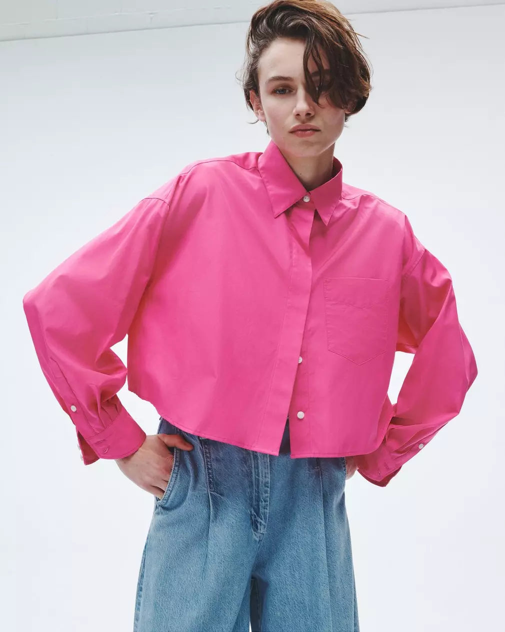Beatrice Women's Cotton Poplin Crop Shirt - Bright Pink Short Sleeve Blouse for Summer, Casual Wear & Beach Outfits