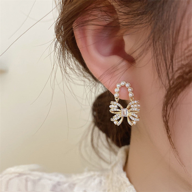 Sweet Pearl Bow Ribbon Drop Earrings for Women - Elegant Dangle Jewelry Gift for Brides, Prom, Party & Special Occasions | A7908