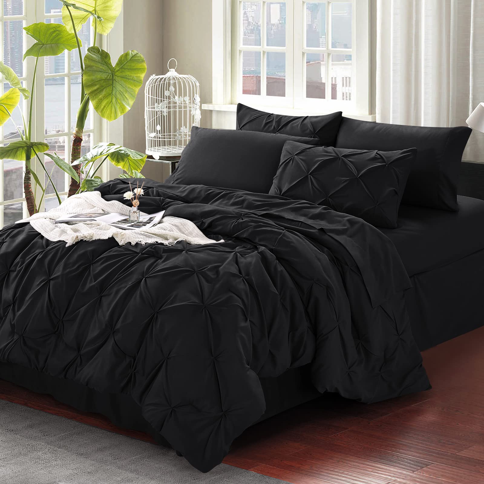 BYSURE 8-Piece King Comforter Set - Lightweight All-Season Down Alternative Bedding with Pintuck Design (Black) | Includes Comforter, Sheets & Skirt | Perfect for Master Bedroom, Guest Room & Luxury Hotel Style
