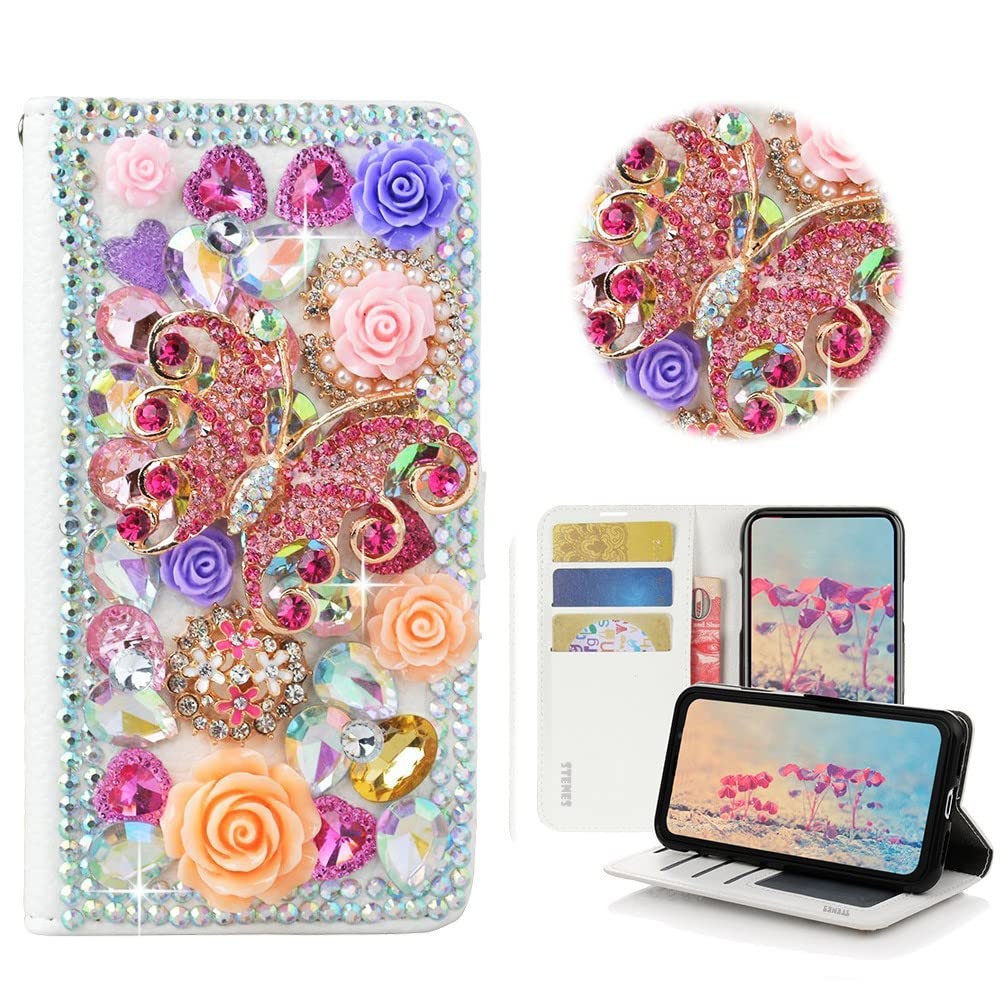 STENES Bling Wallet Case for Samsung S20 Plus - 3D Rose Butterfly Design | Magnetic Stand for Hands-Free Viewing