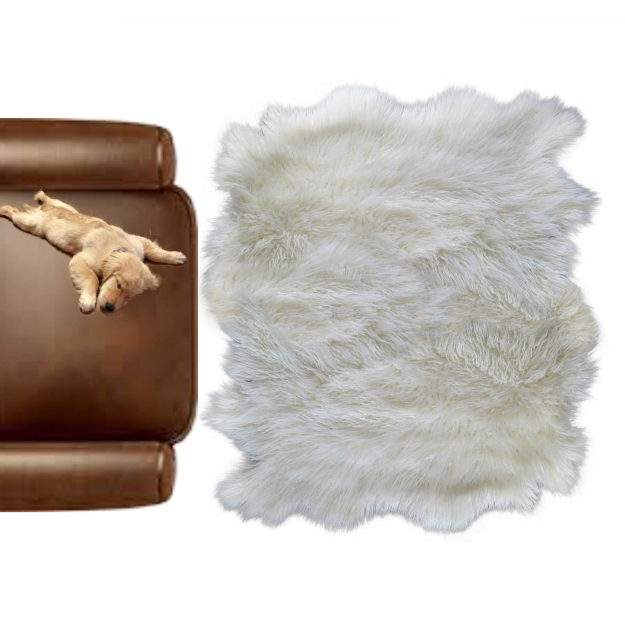 Premium White Faux Fur Sheepskin Area Rug - 4'x5' Plush Ragged Edge Pelt with Bonded Suede Lining | Handmade in USA | Cozy Living Room, Bedroom & Nursery Decor