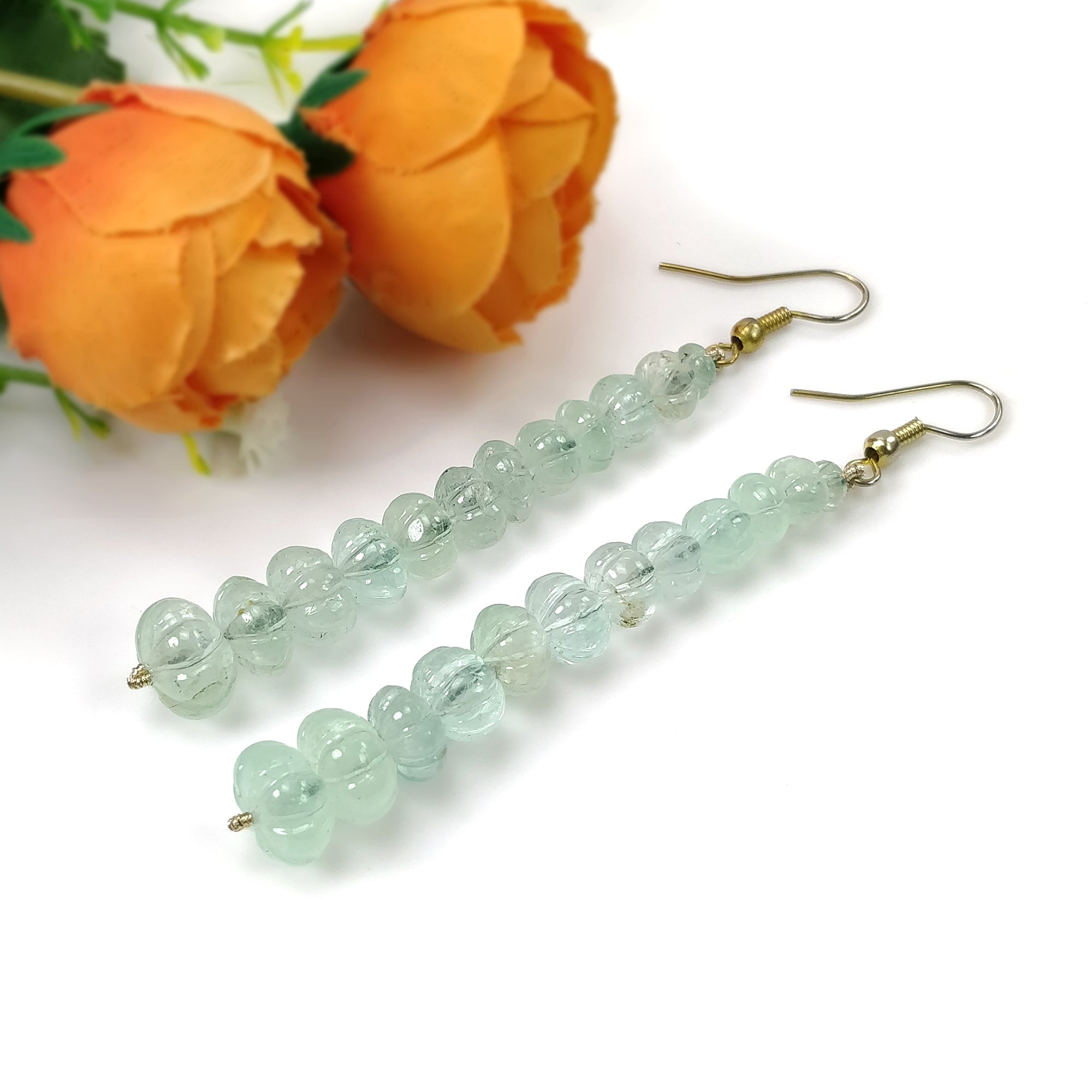 Natural Untreated Emerald Gemstone 925 Sterling Silver Beaded Hook Earrings - 56.25gms Melon Beads for Women | Perfect for Weddings, Parties & Special Occasions