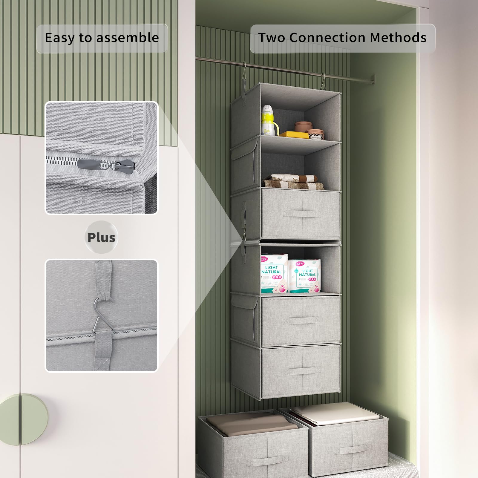 Vailando 6-Shelf Hanging Closet Organizer - 2 Separable 3-Tier Hanging Shelves with 3 Drawers for Wardrobe, Nursery & Baby Clothes Storage | Space-Saving Closet Solution for Bedroom, Kids Room & Small Spaces
