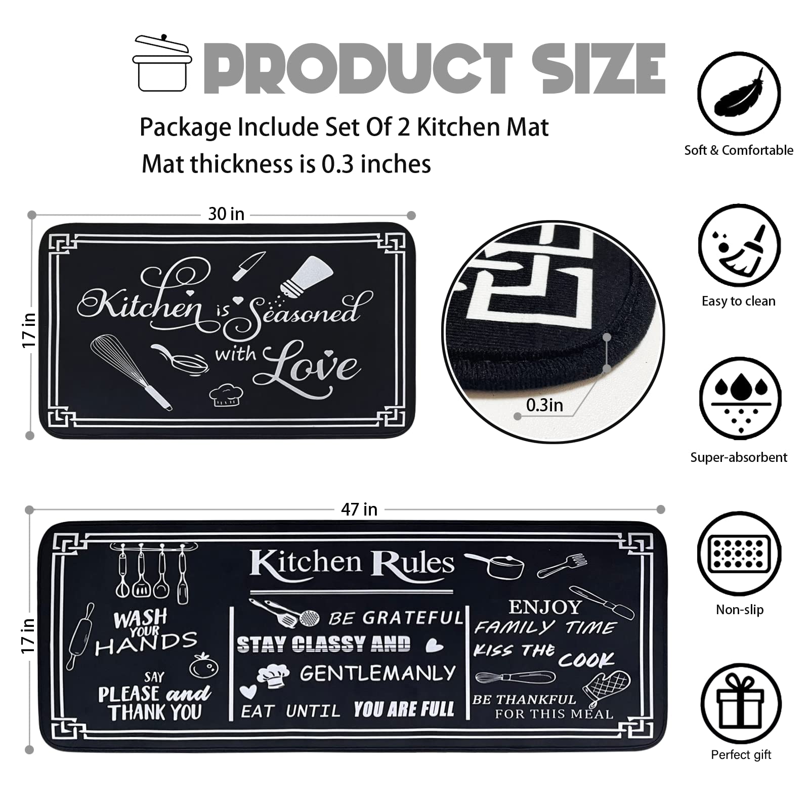 Non-Slip Washable Microfiber Kitchen Rugs Set of 2 - Black & White Kitchen Rules Themed Floor Mats (17