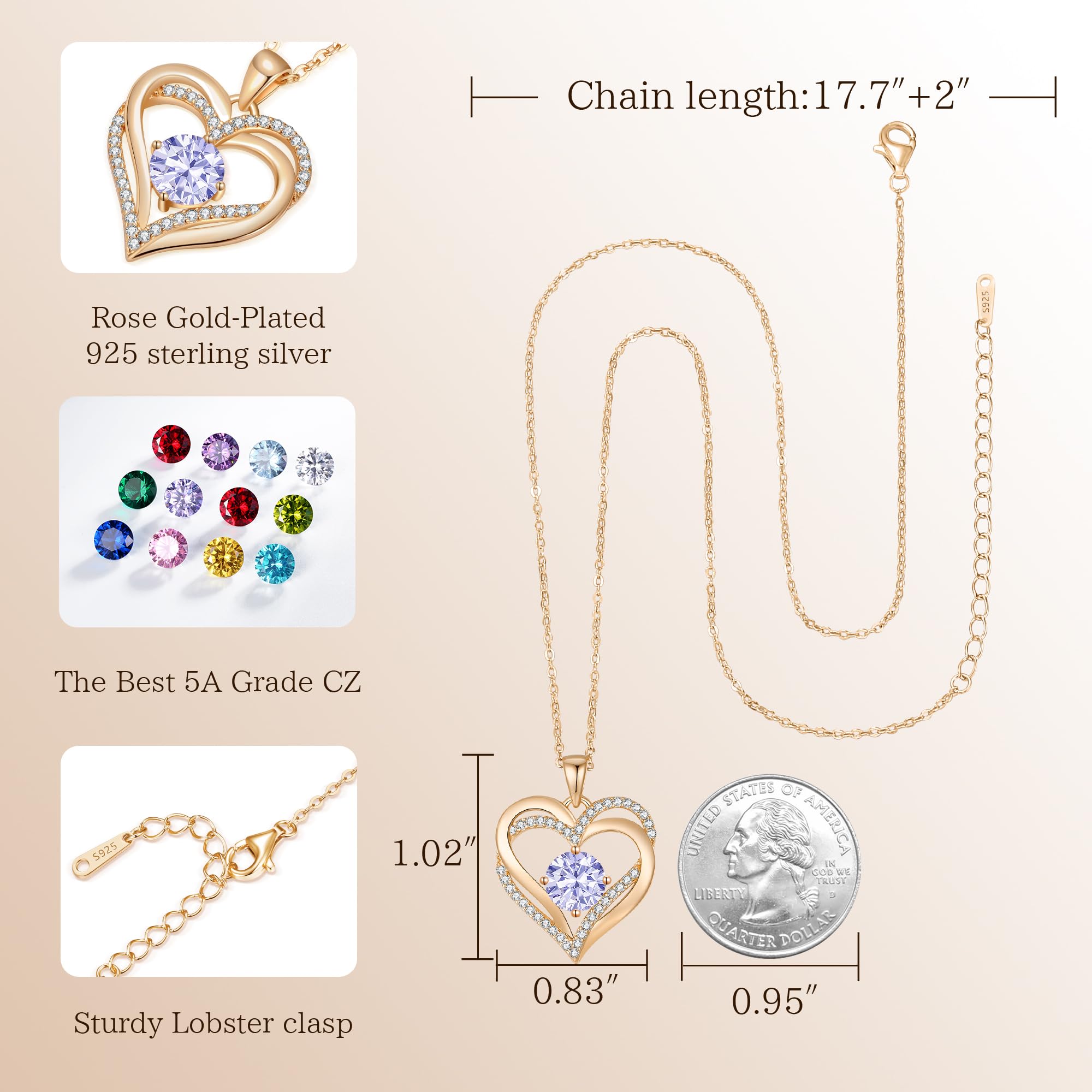 LOUISA SECRET Love Heart Birthstone Necklace for Women - 925 Sterling Silver Pendant Jewelry, Personalized Birthday Gift for Her, Anniversary & Mother's Day Present - Perfect for Romantic Occasions & Special Celebrations