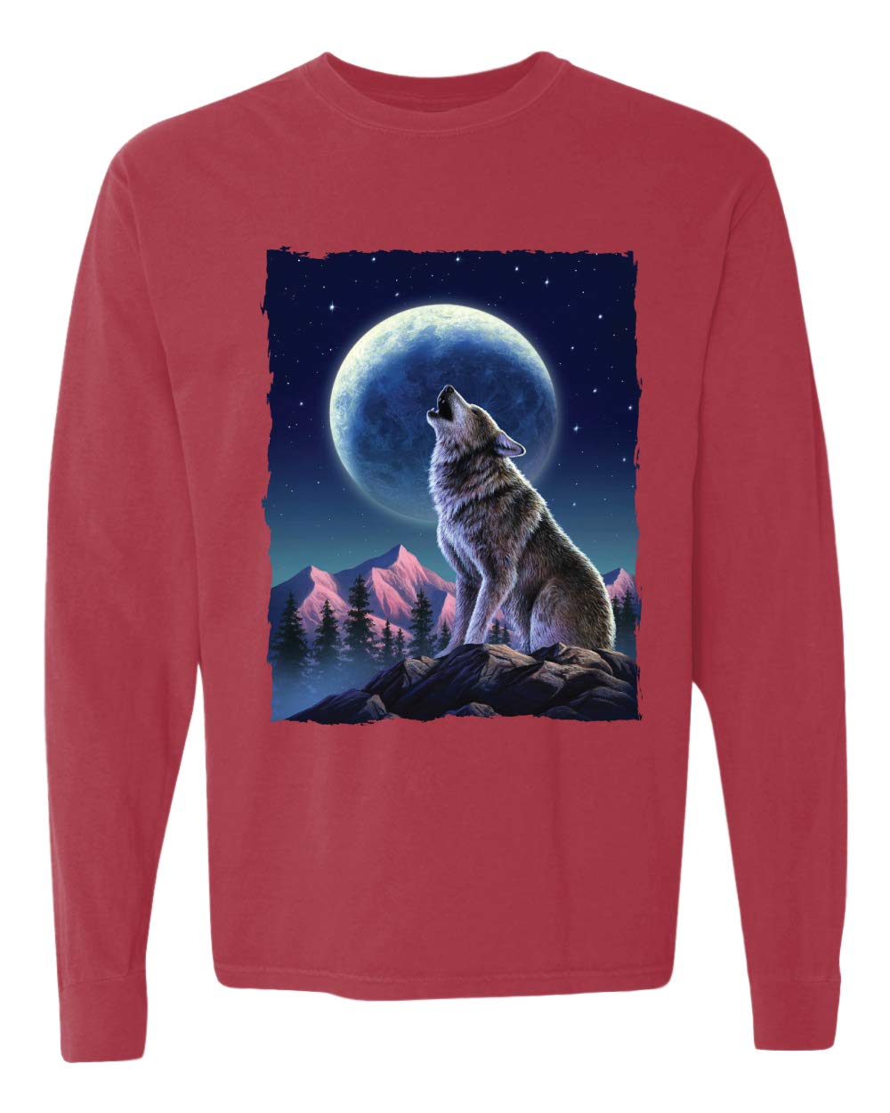 Howling Wolf Graphic Long Sleeve T-Shirt - Animal Lover Apparel - Garment-Dyed Vintage Wash Look - Perfect for Outdoor Adventures & Wildlife Enthusiasts