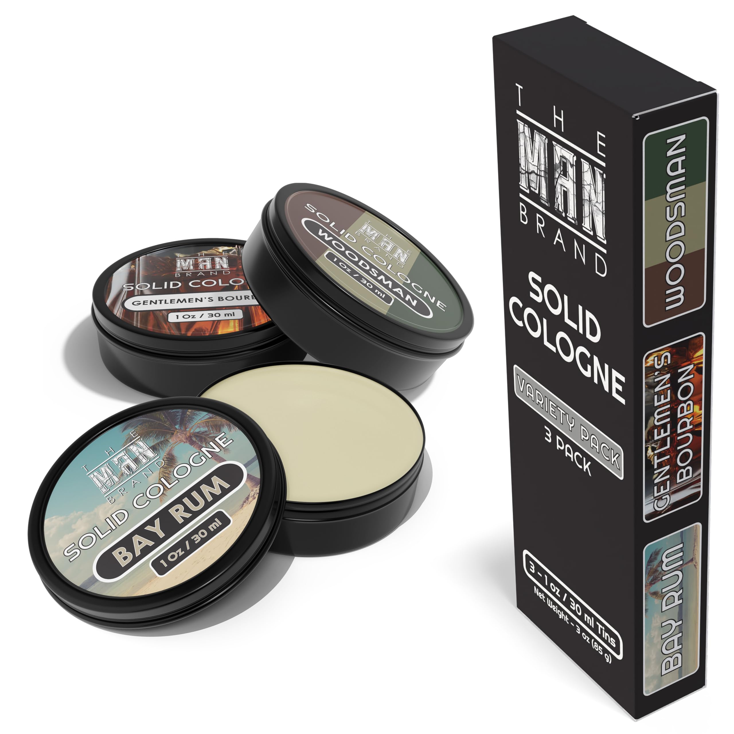 Men's Solid Cologne Sample Set - Bourbon, Bay Rum & Woodsman Fragrance (1oz Pack of 3) | Long-Lasting Natural Perfume for Travel, Gym & Daily Use | Gentlemen's Gift Set