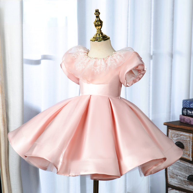 Elegant Pink Puff Sleeve Princess Dress for Baby Girls - First Communion Dress for Toddlers - Perfect for Church Ceremonies, Baptisms, and Special Occasions